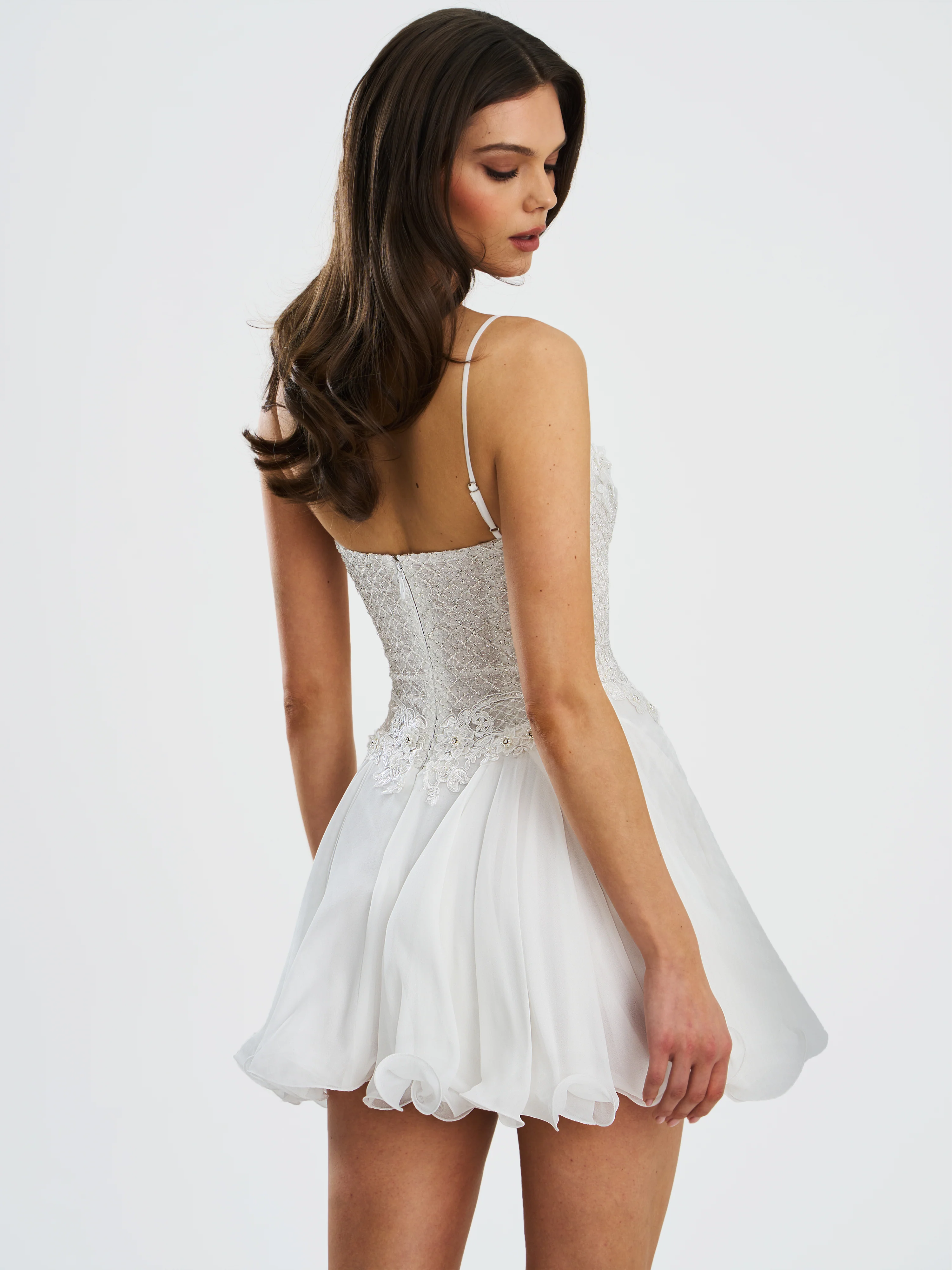 Fabiola Lace Trim Silver Net Top Mini Flare Chiffon Dress