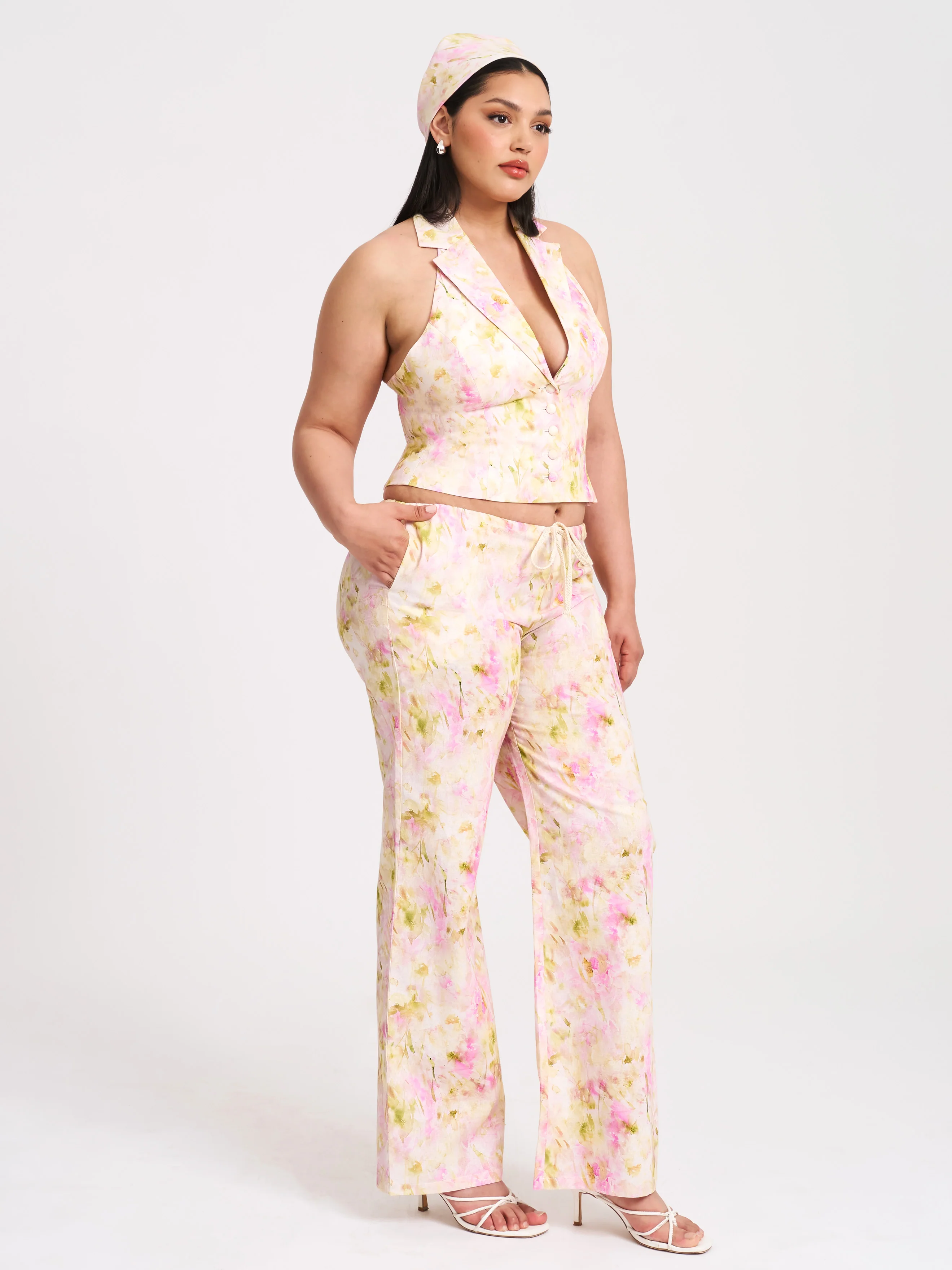 Laureen Pink Floral Print Linen Straight Pants