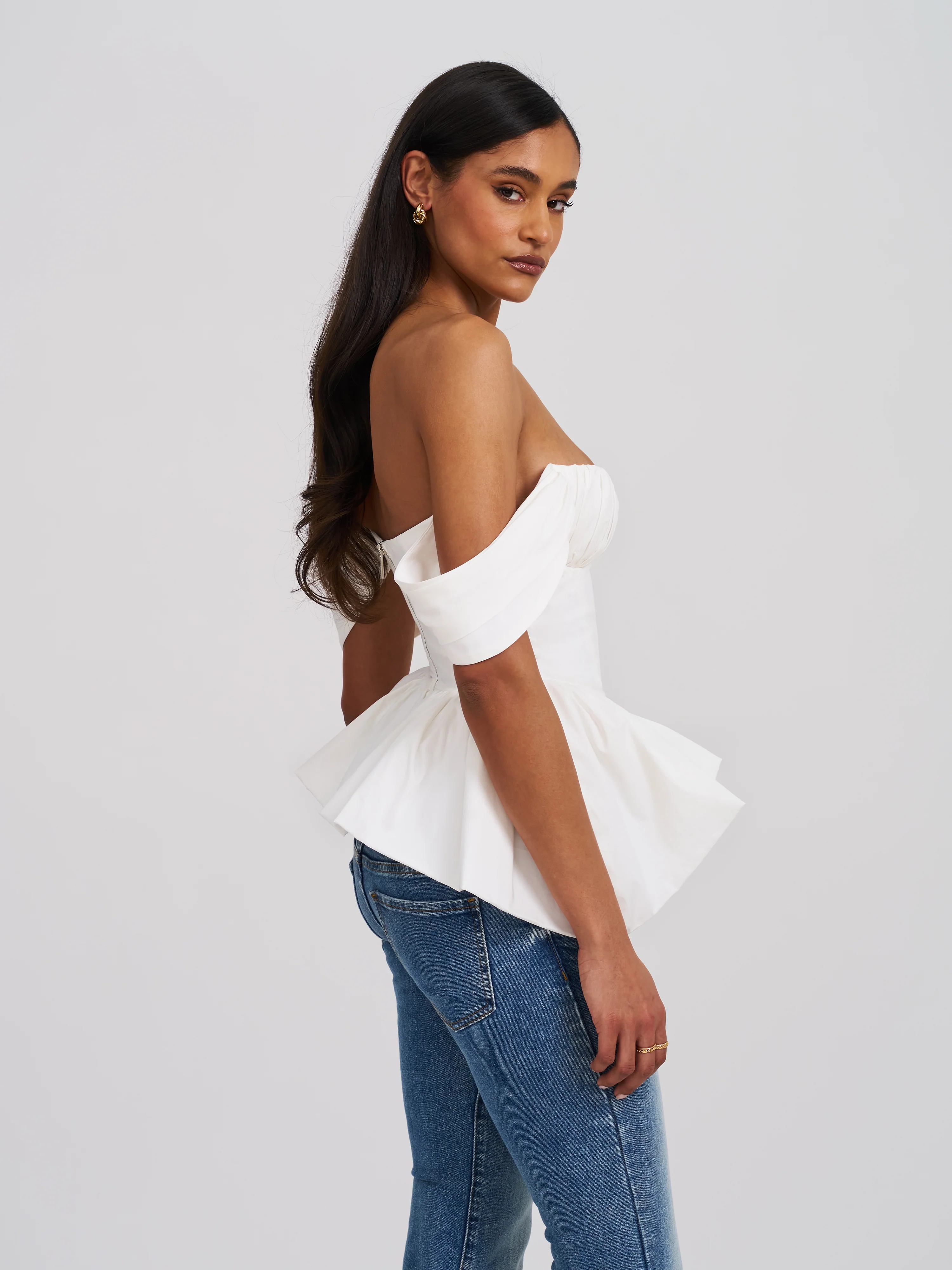Qistina White Off-shoulder Bubble Hem Peplum Cotton Top