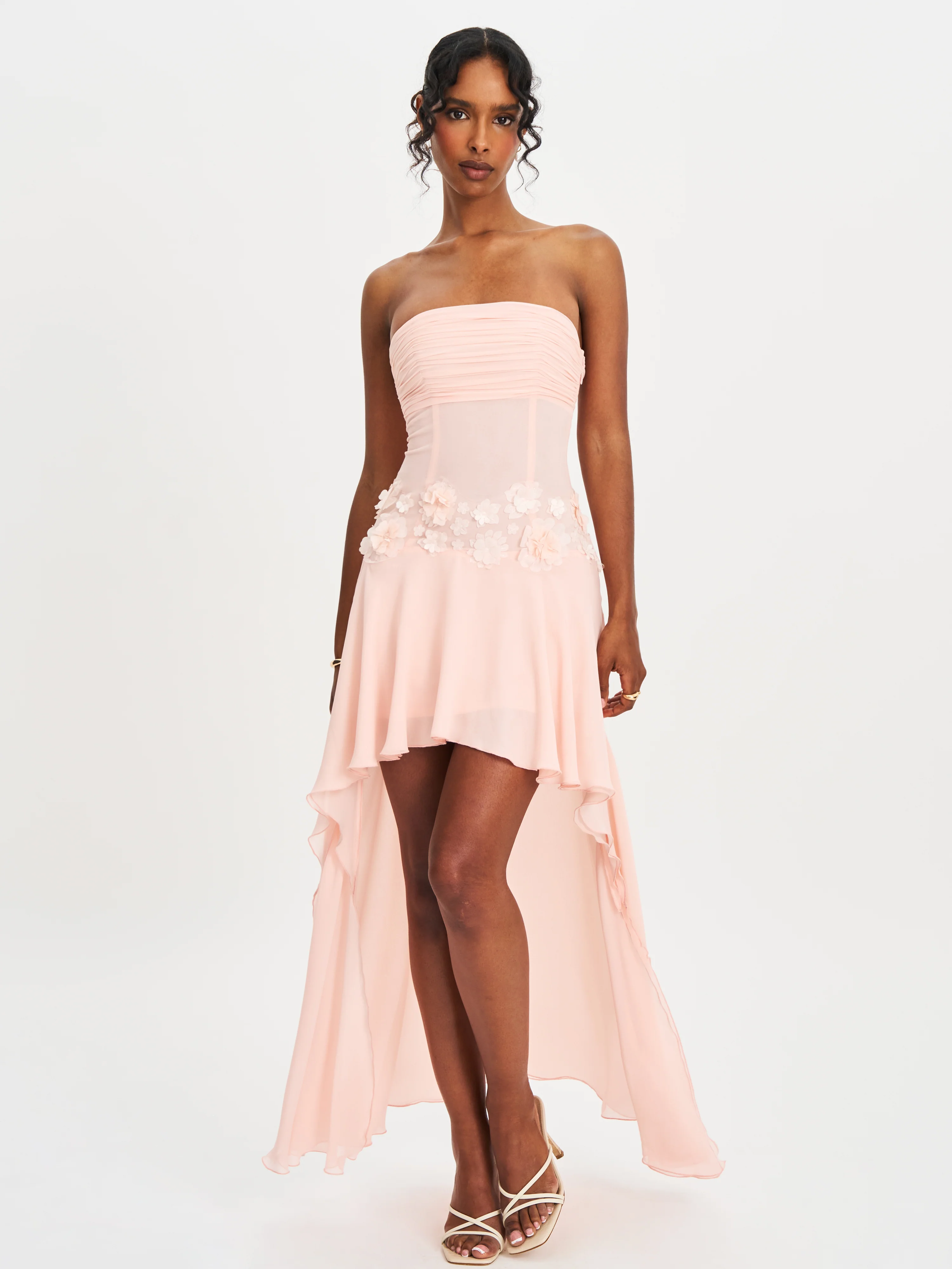 Mae Pink Ruched Breast Appliqué Trim Trailing Dress