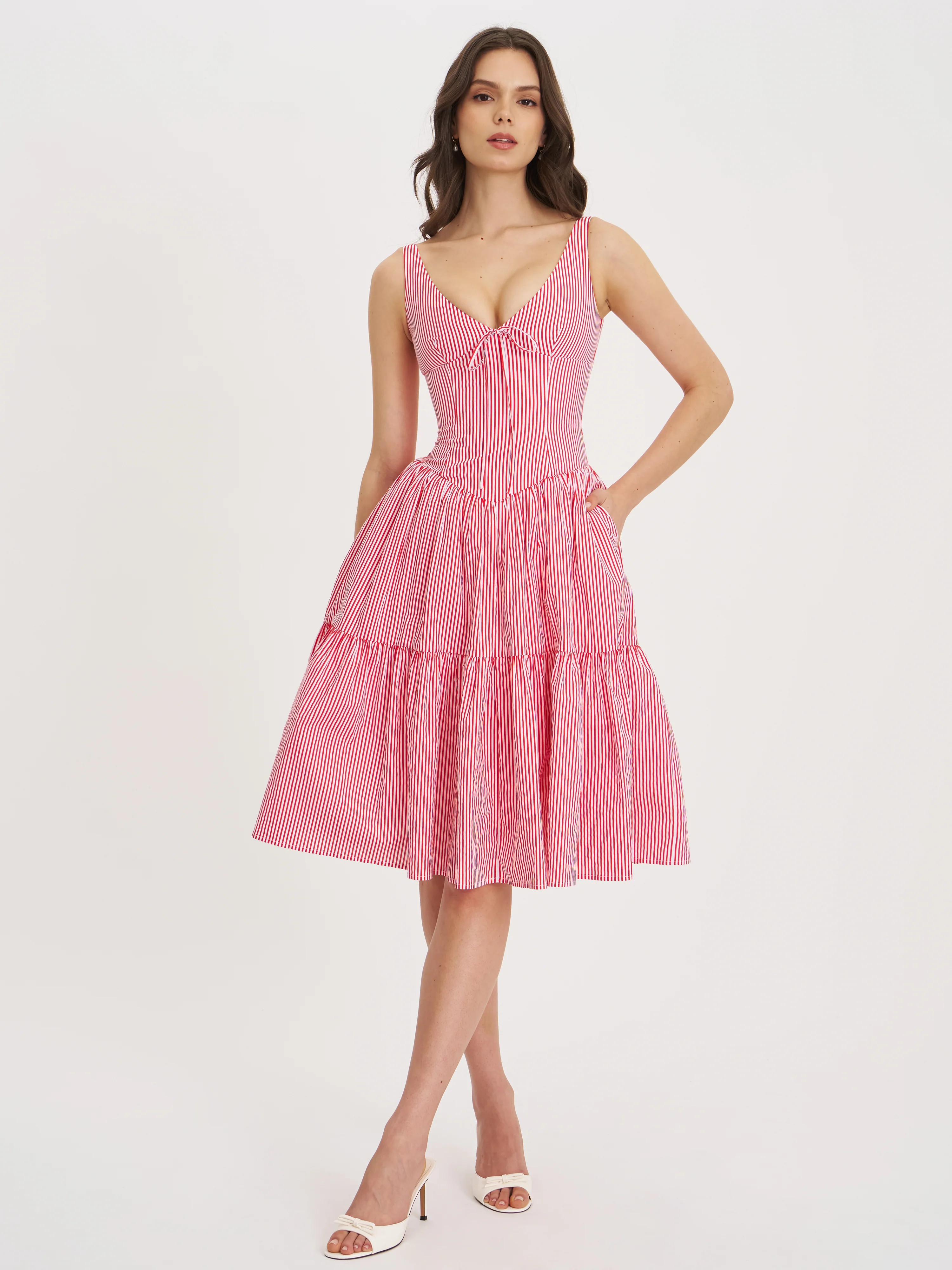 Oceana Red Candy Stripe Drop Waist Midi Dress