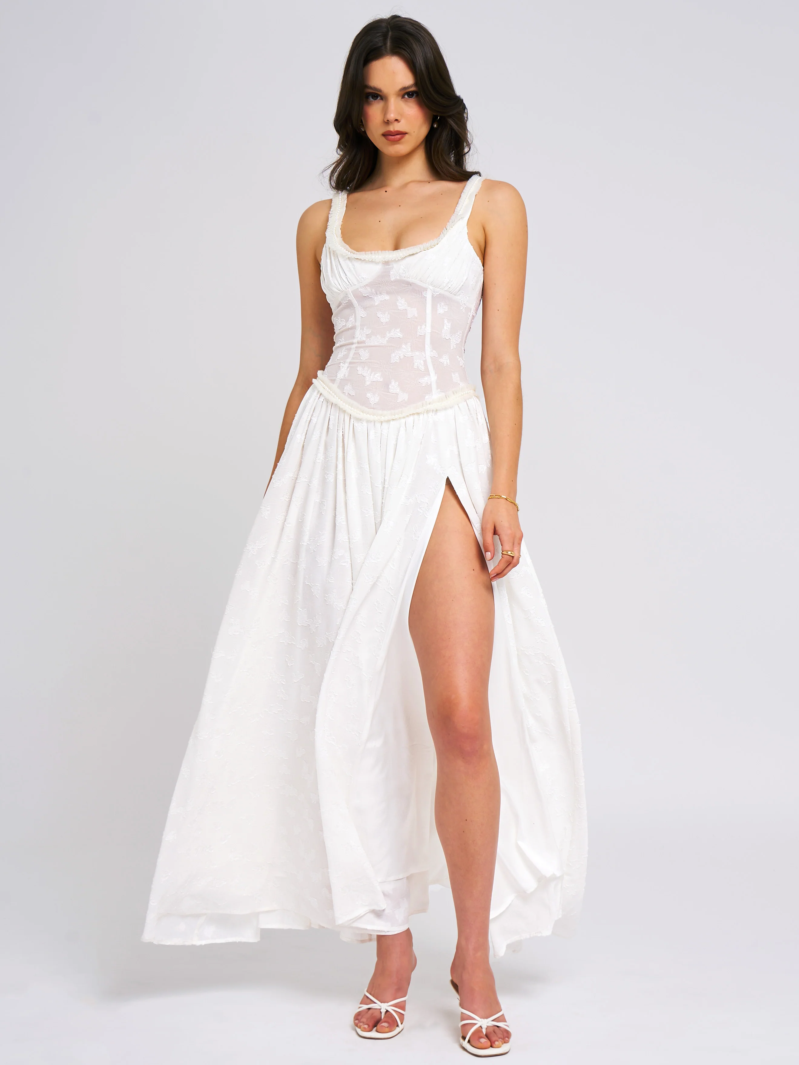 Ulissa Light Green Square Neck Jacquard Textured High Slit Maxi Dress