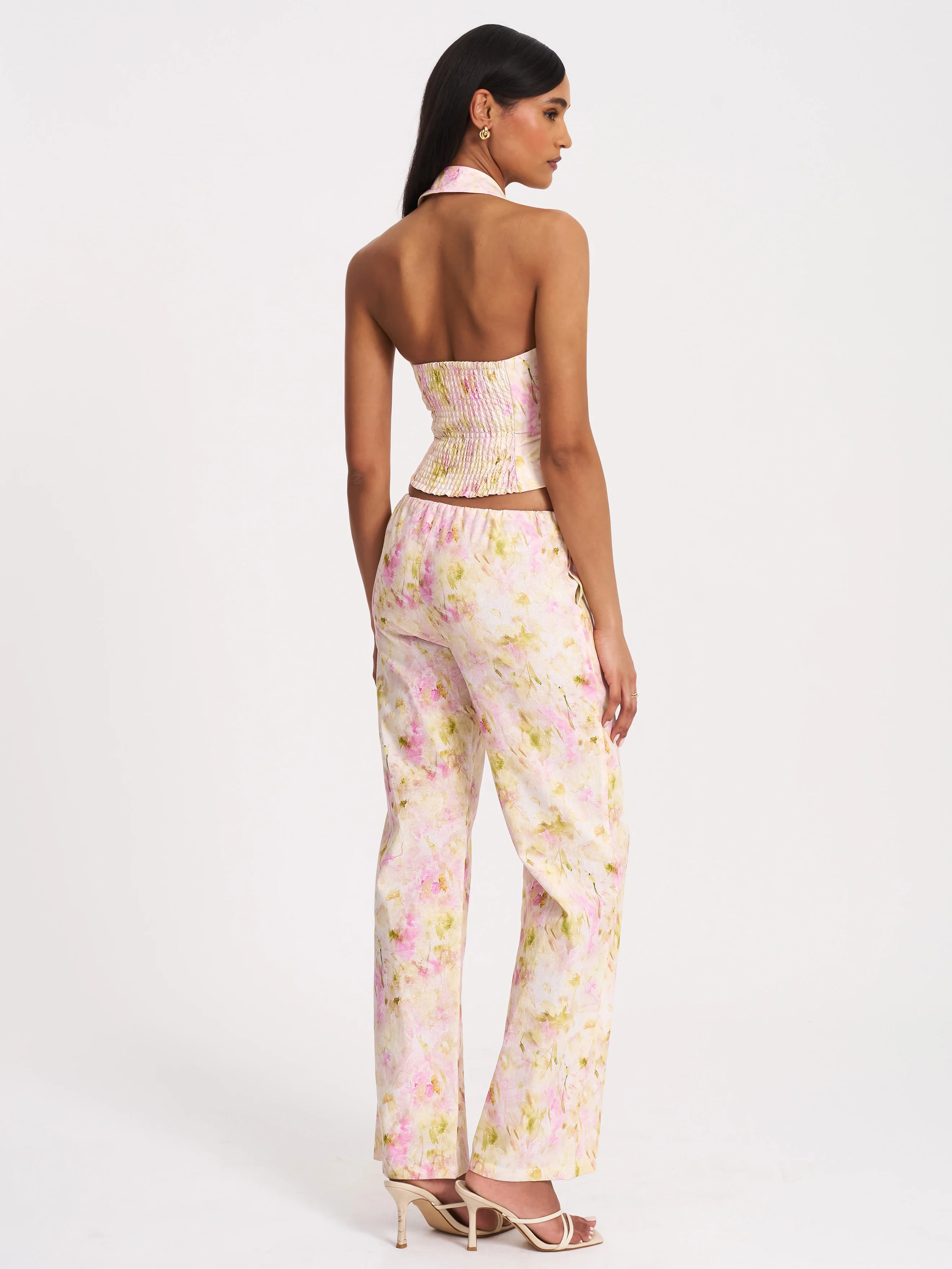 Laureen Pink Floral Print Linen Straight Pants