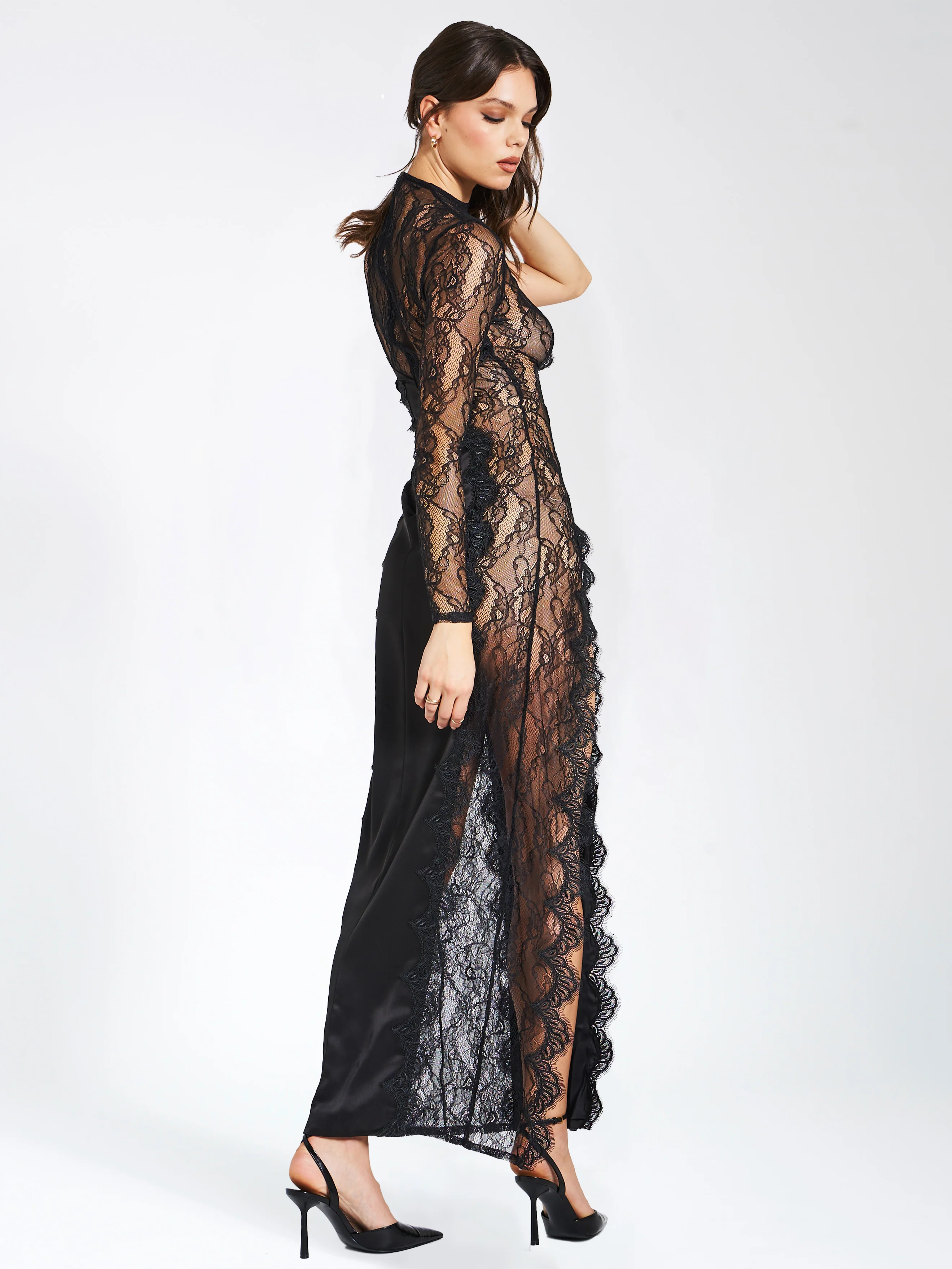 Weslyn Black Satin Lace High Slit Dress