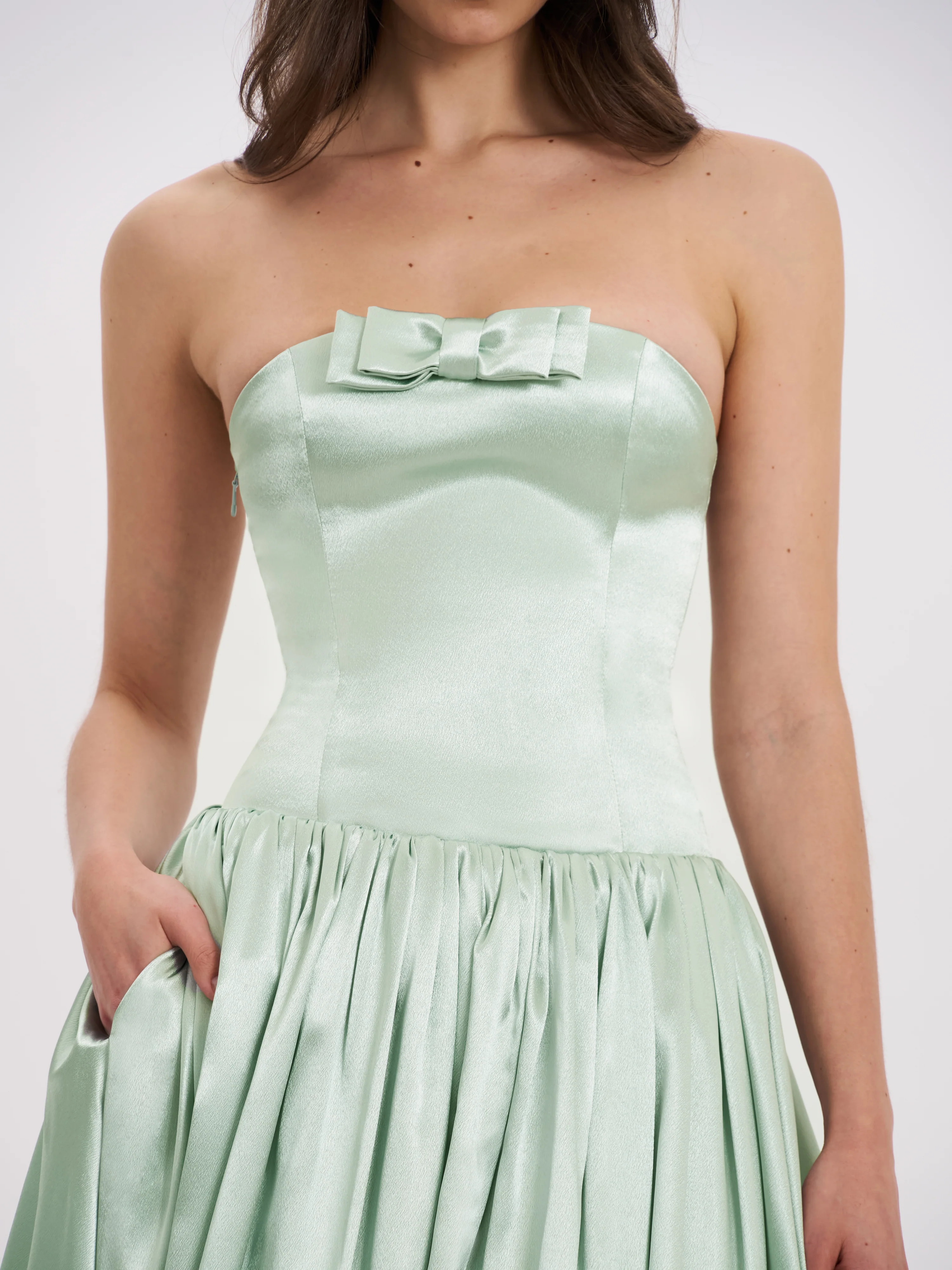 Lael Mint Green Back Button Trailing Gown