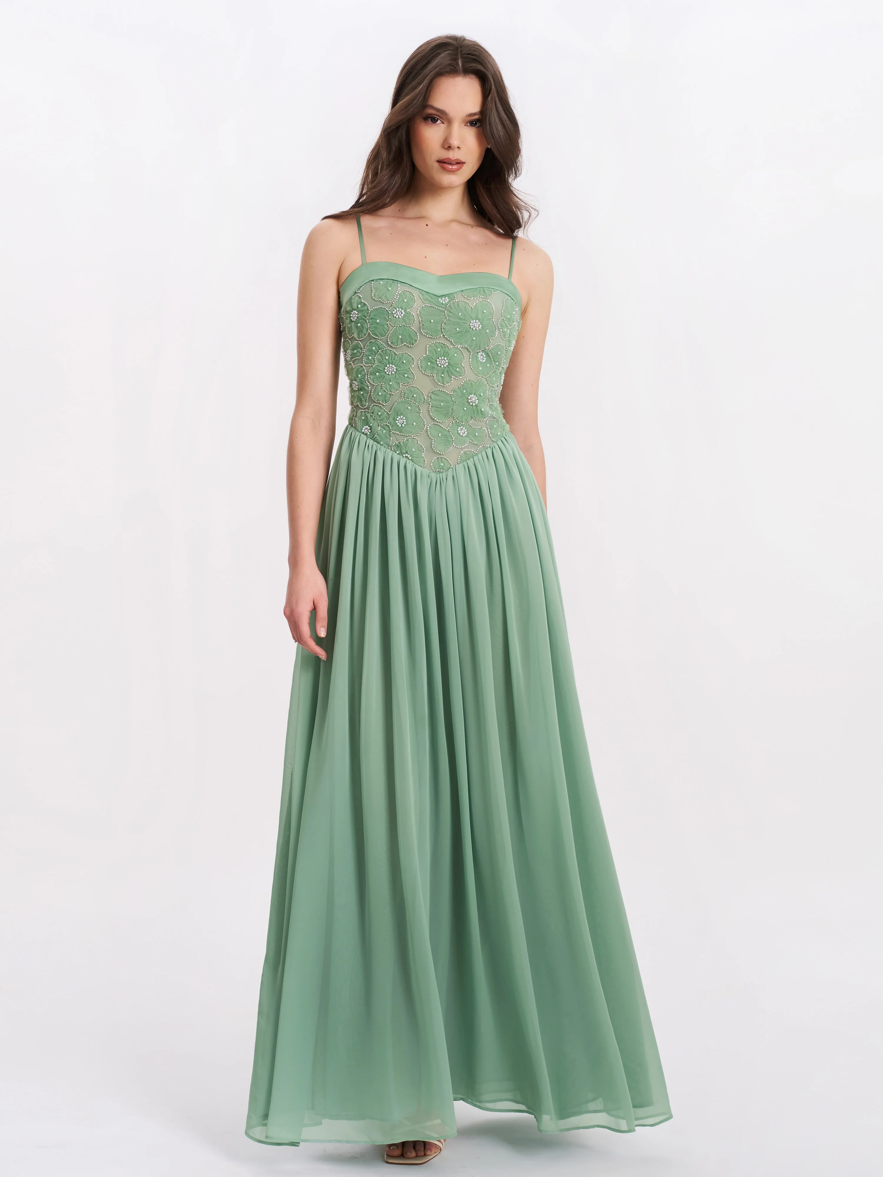 Ucille Sage Green Embroidered Chiffon Maxi Dress