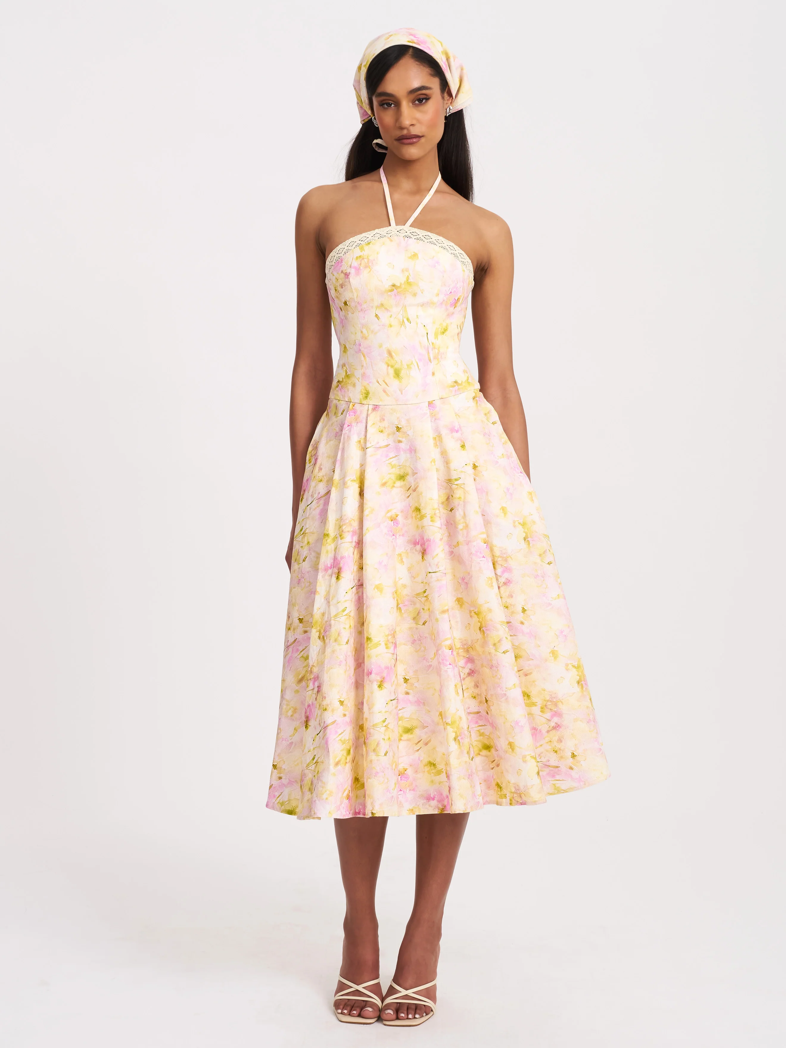 Zaina Yellow Pink Floral Print Lace Trim Linen Midi Dress