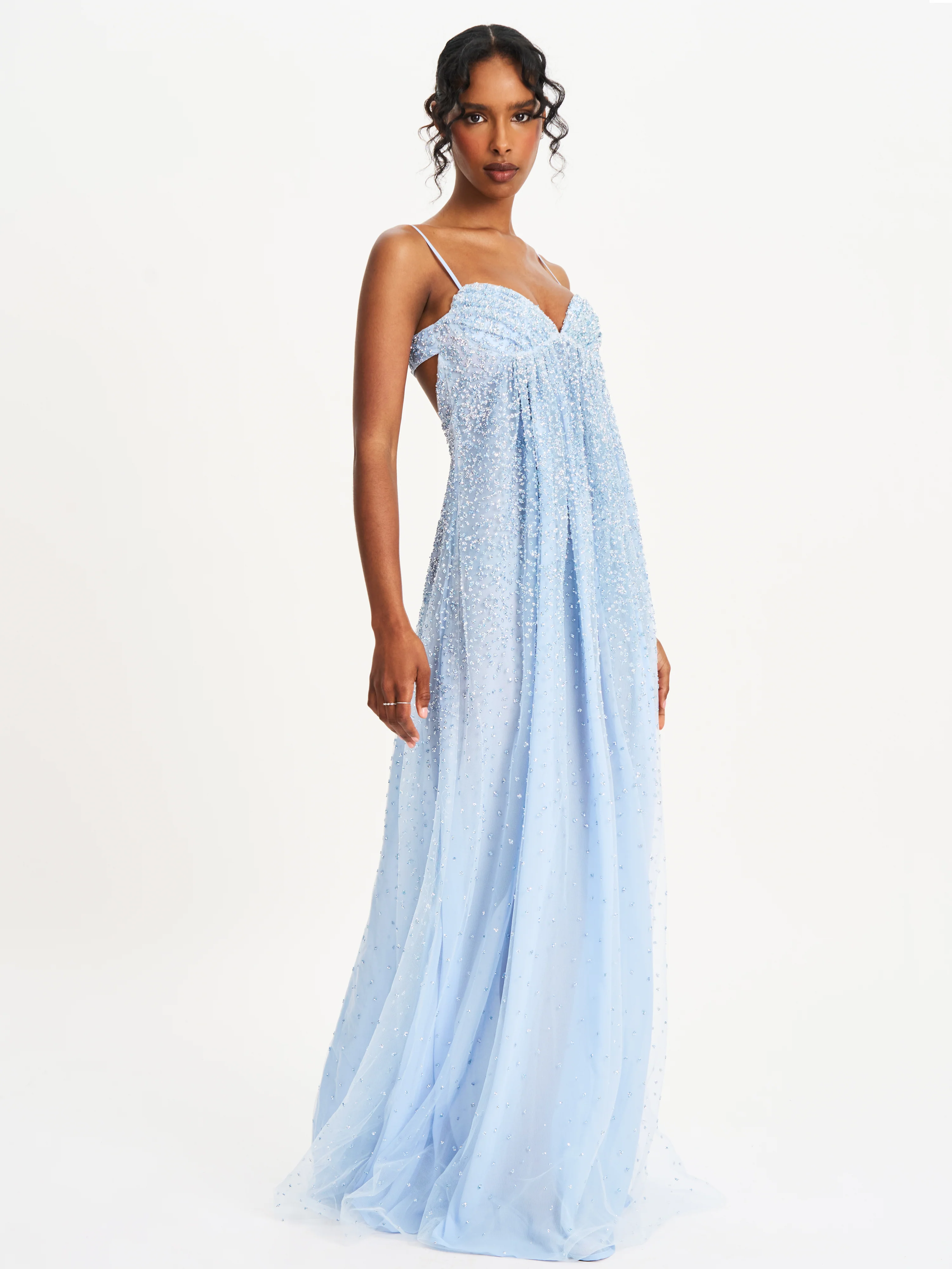Wallie Baby Blue Rhinestone Embellished Mesh Backless Gown
