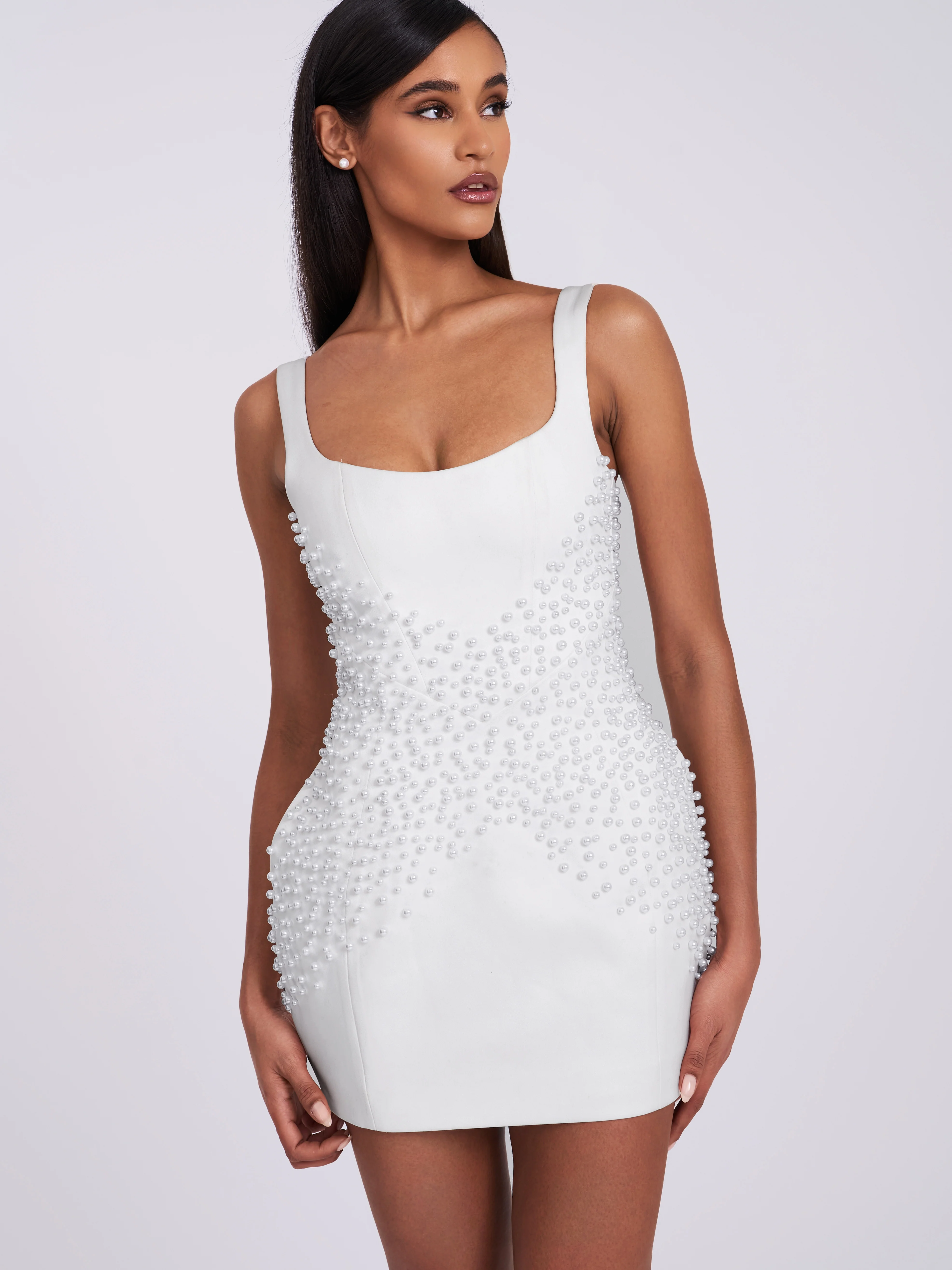 Tais Pearl Beaded Cocoon Shape Sleeveless Mini Dress