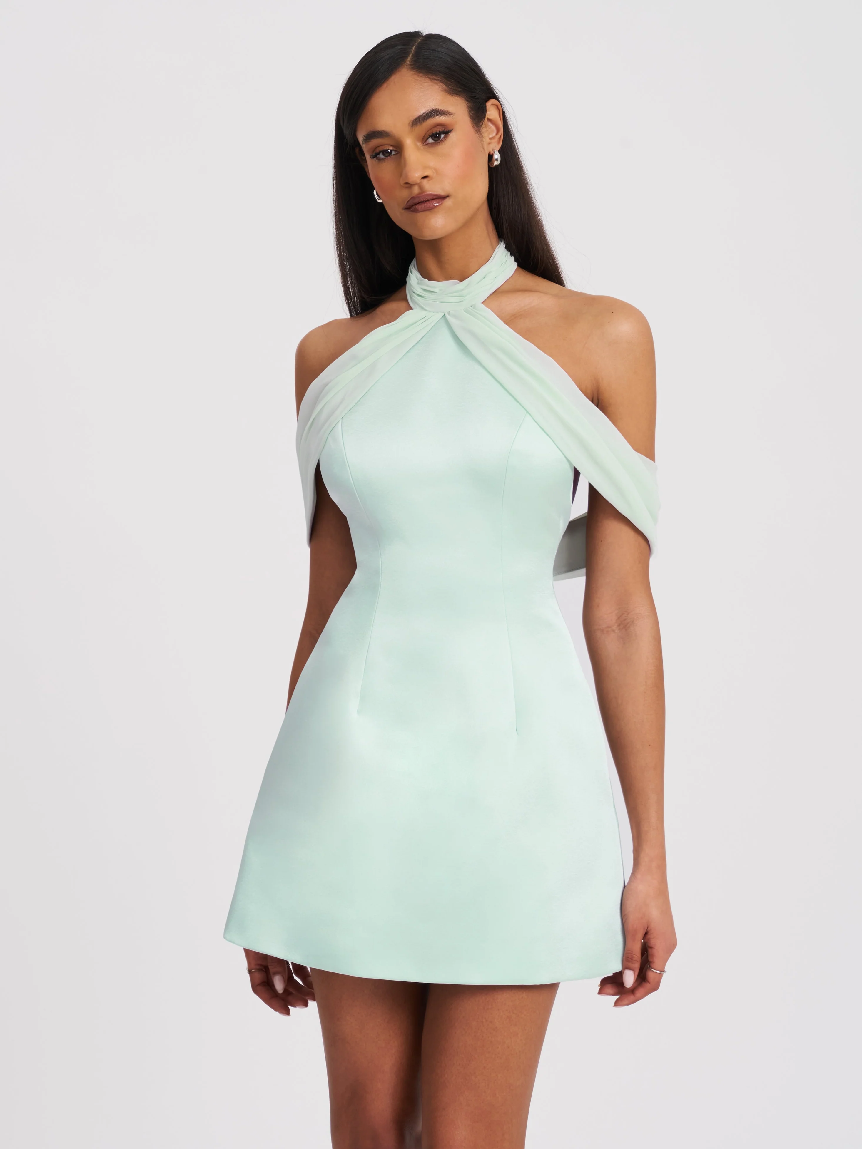 Zafrina Light Cyan Halter Off-shoulder Backless Mini Dress