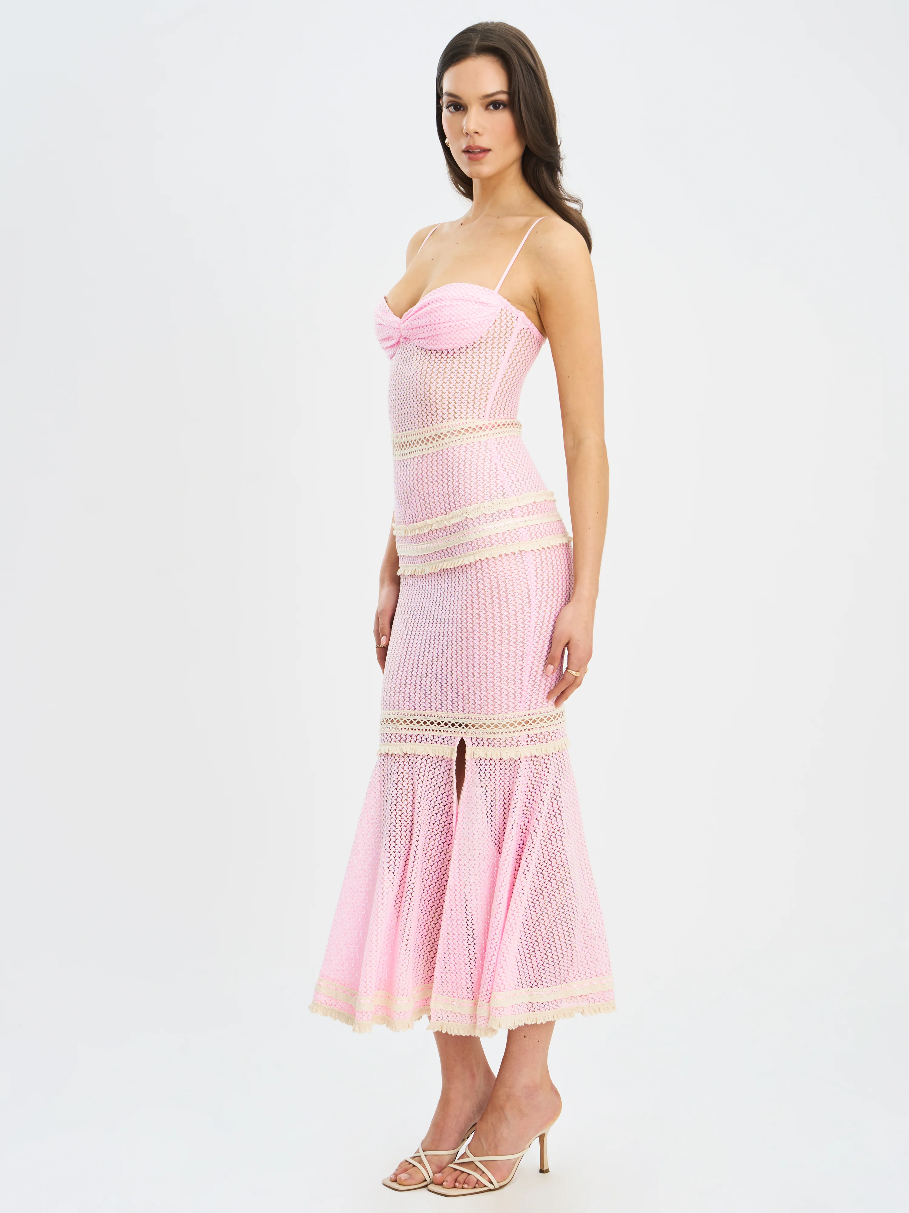 Pallas Pink Lace Trim Crochet Mermaid Maxi Dress