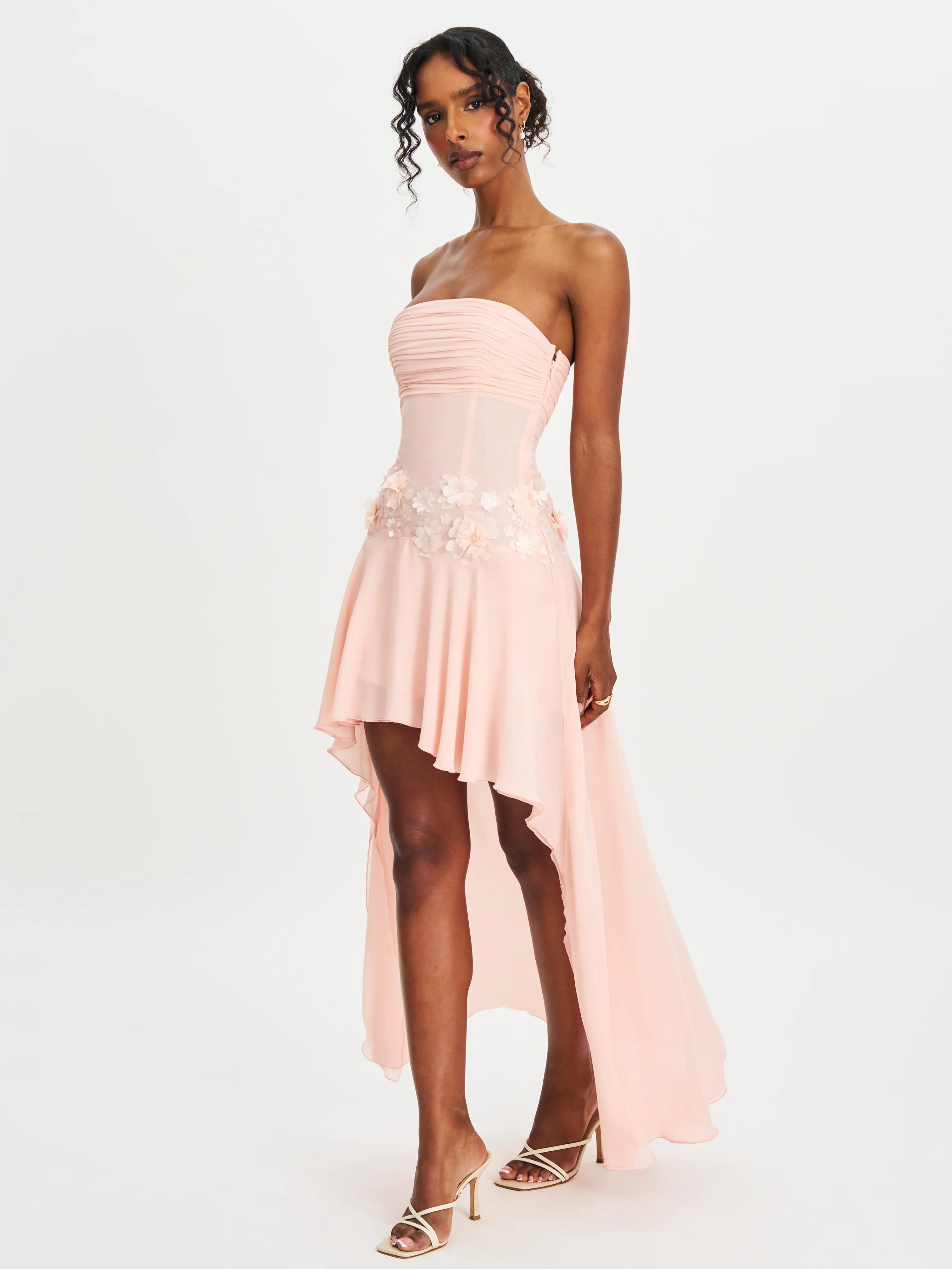Mae Pink Ruched Breast Appliqué Trim Trailing Dress