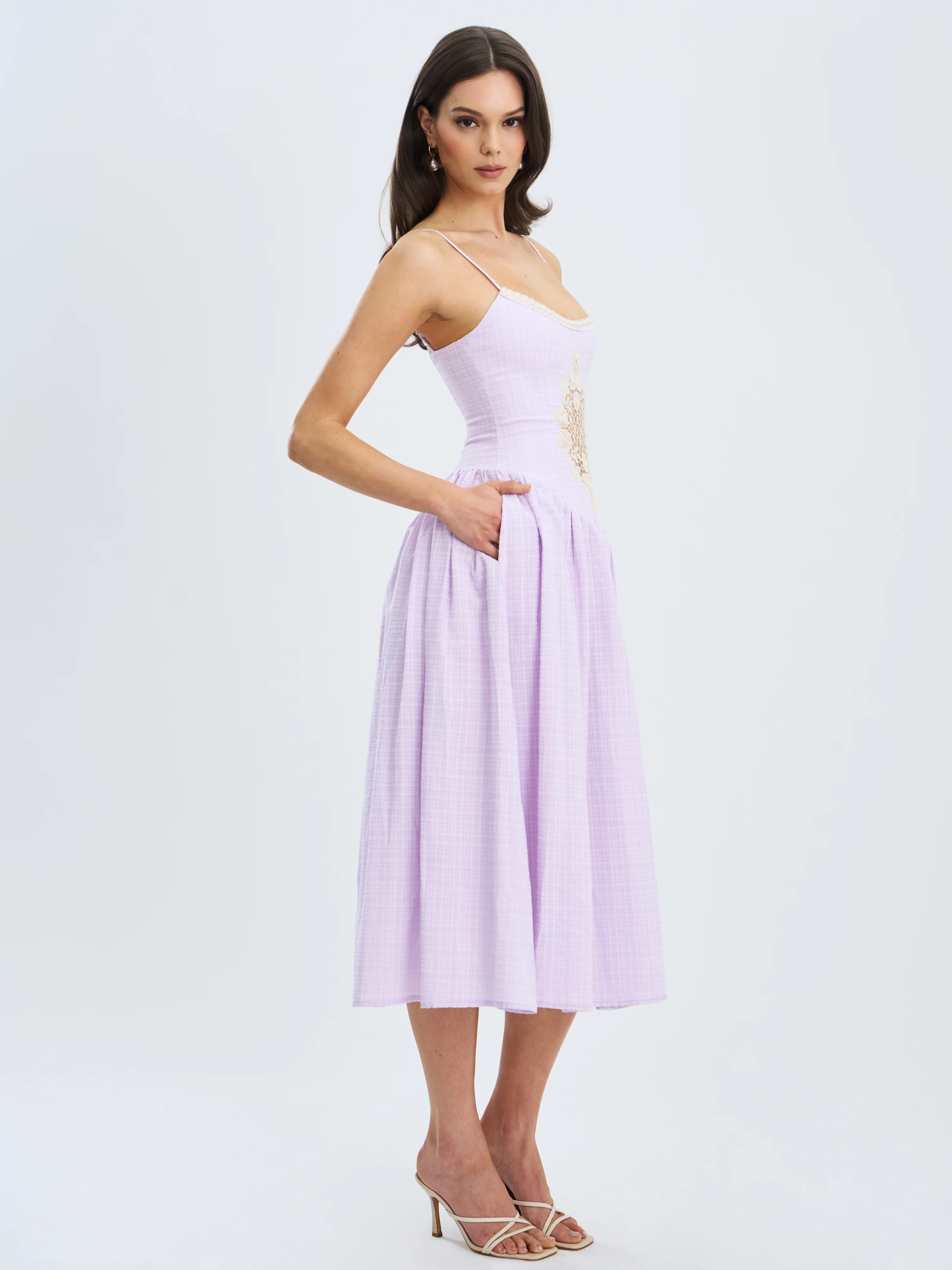 Jaclyn Lavender Lace Trim Cutout Seersucker Midi Dress