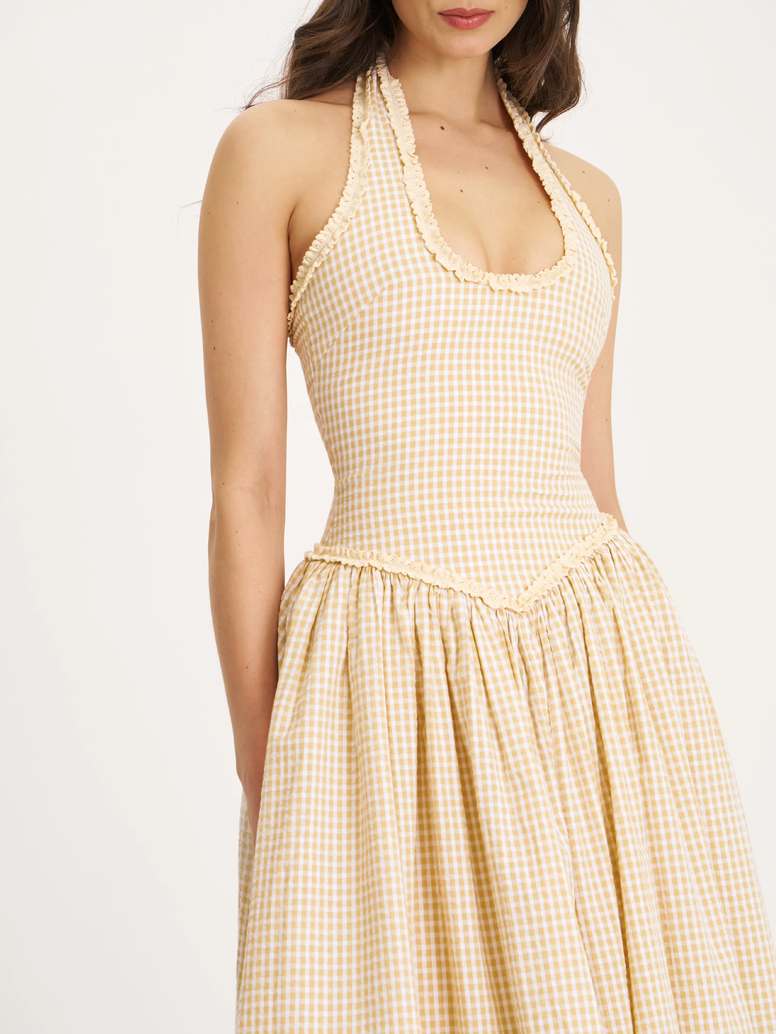 Idella Yellow Gingham U Neck Midi Dress