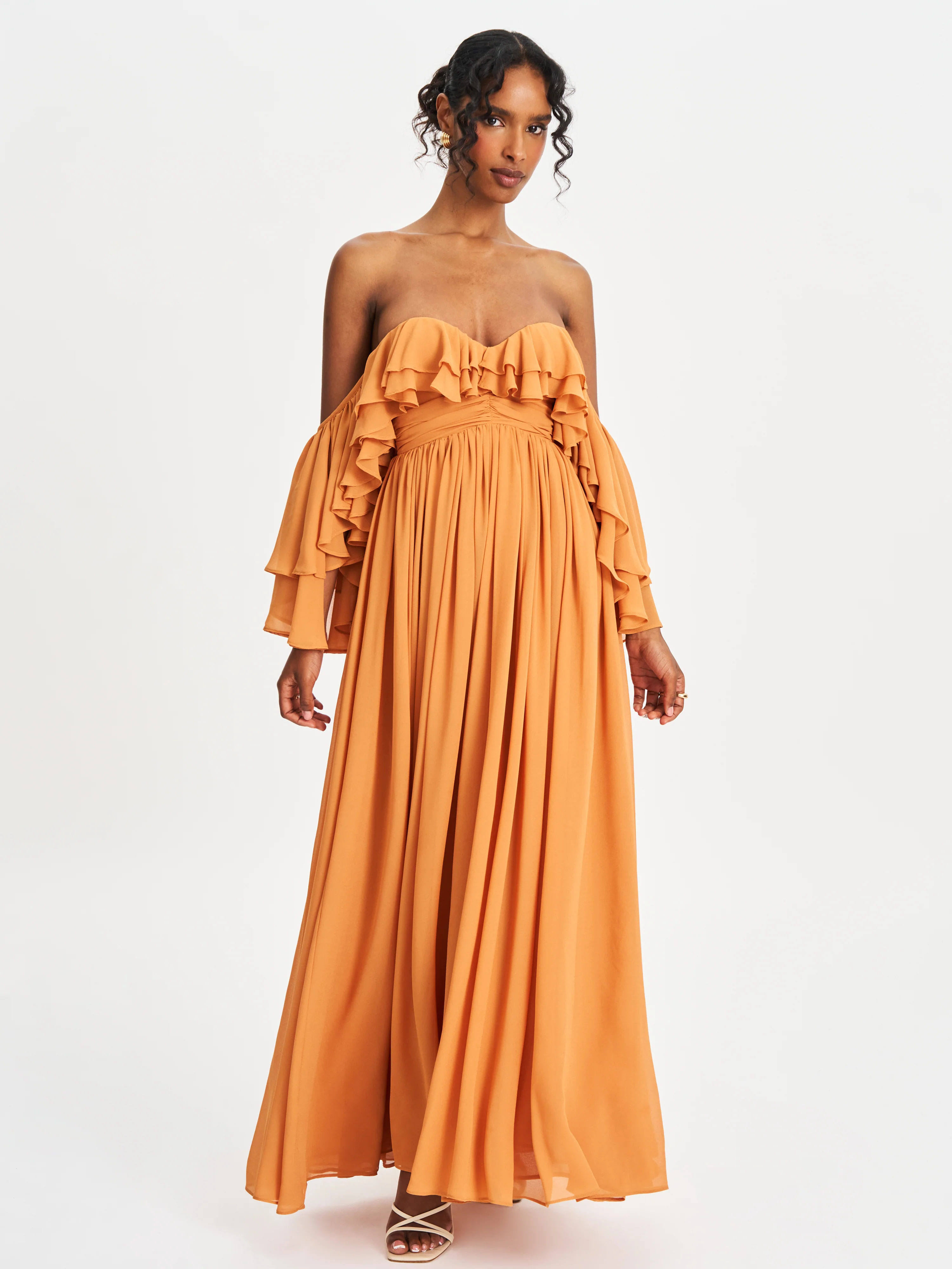 Kaela Brickwork Off Shoulder Chiffon Maxi Dress