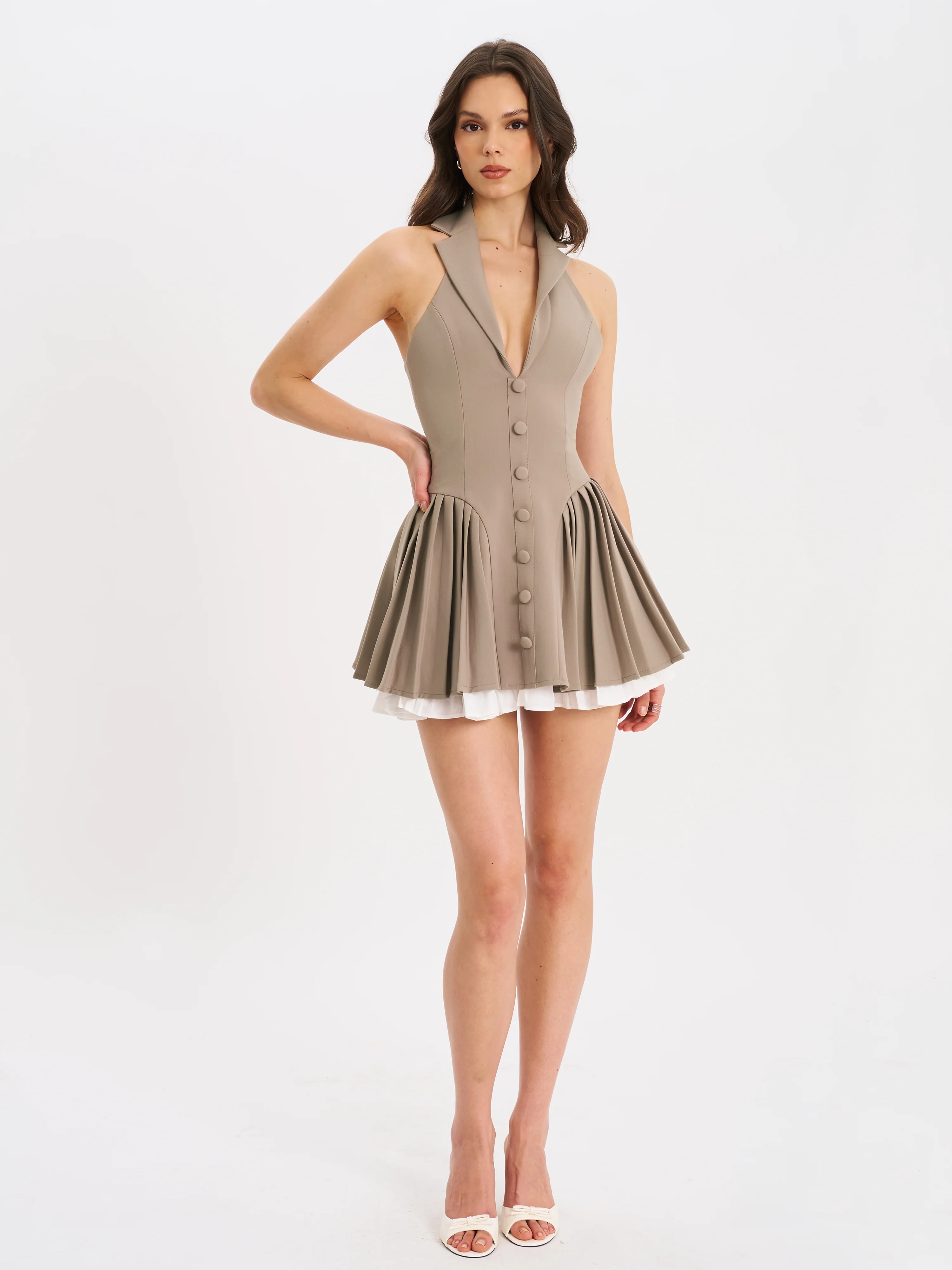 Hazel Brown Preppy Halter Neck Pleated Mini Dress