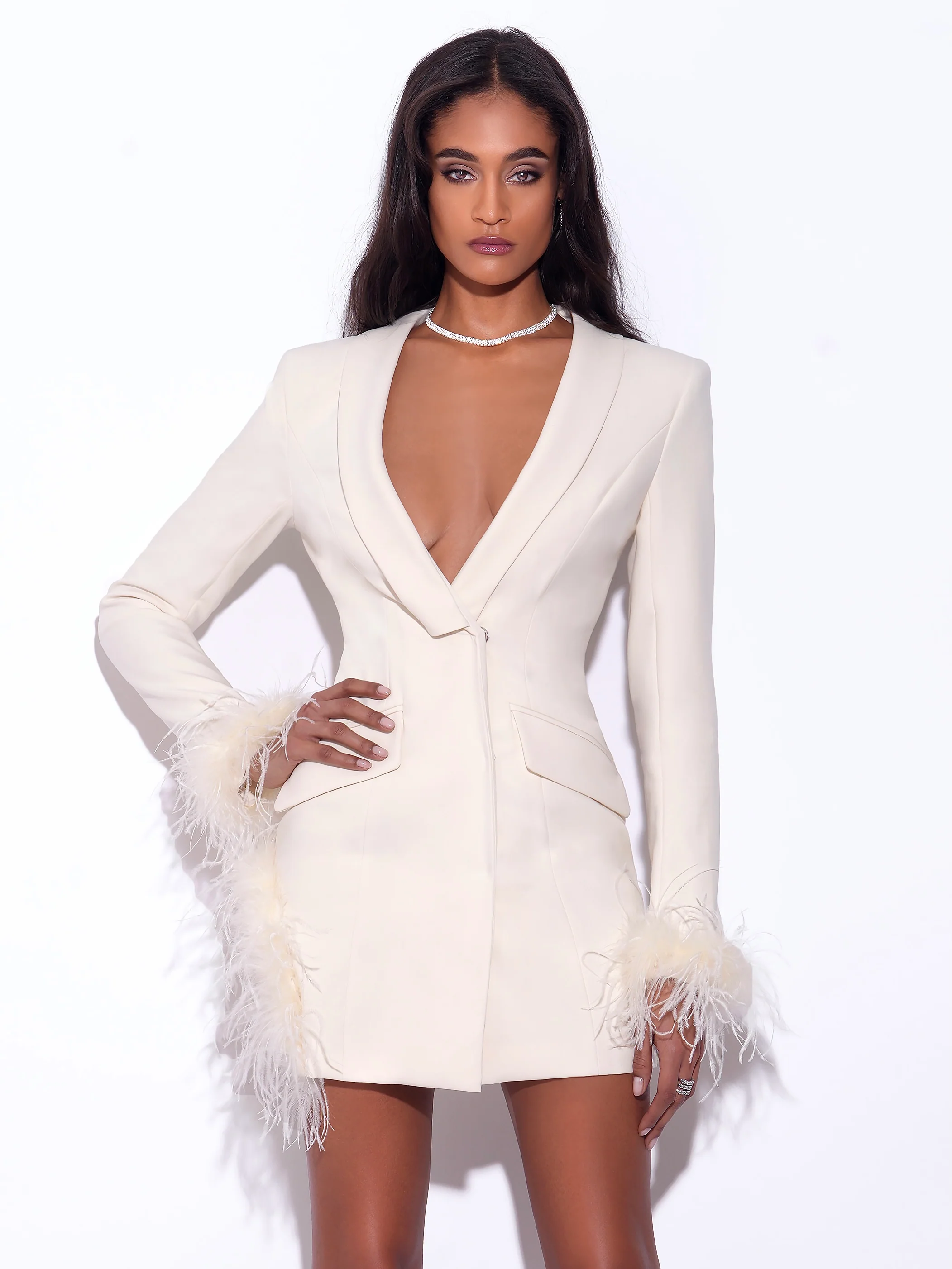 Madeline Pearl White Feather Trim Blazer Dress