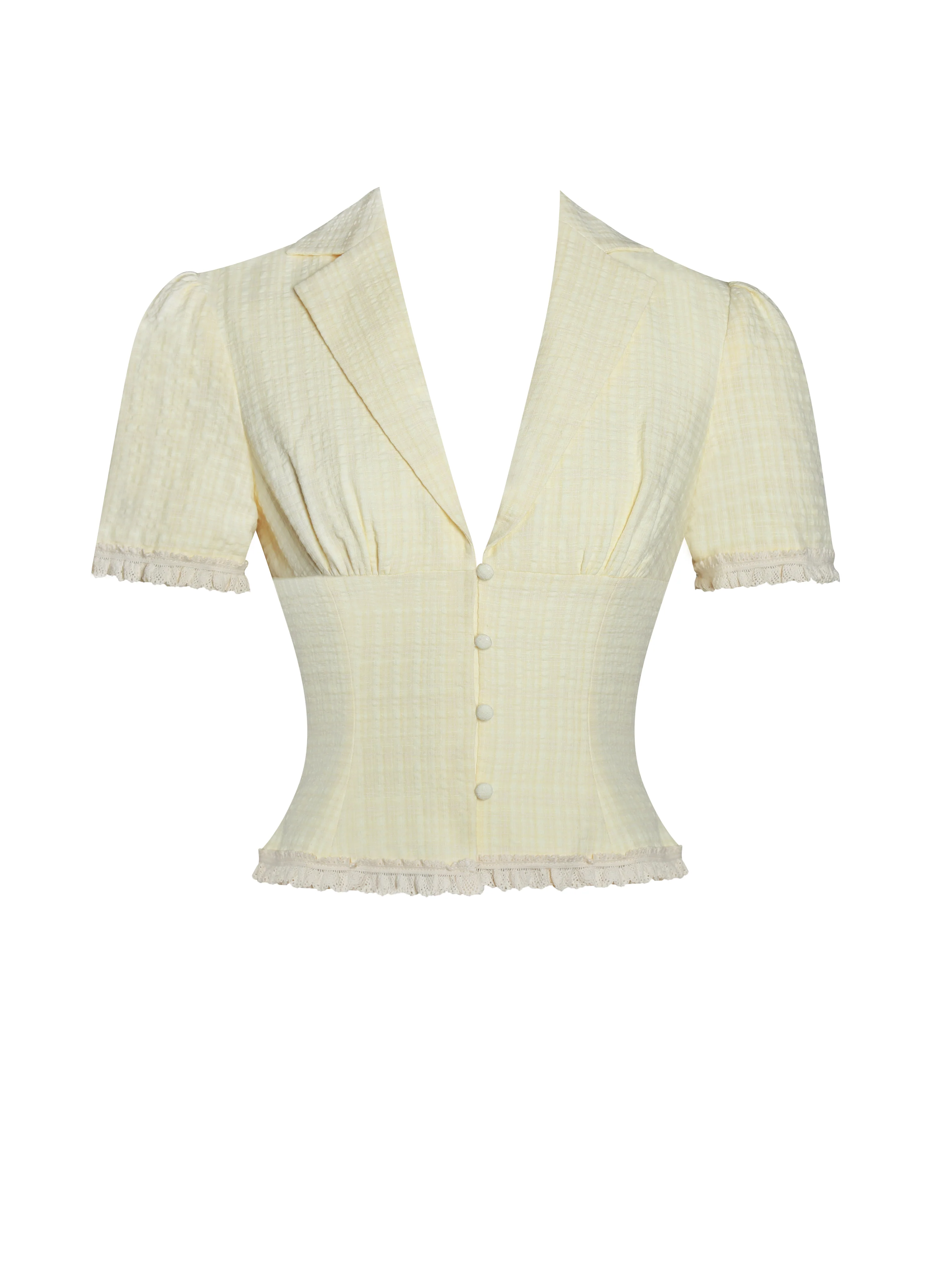 Odelia Yellow Lace Trim Seersucker Button Up Top