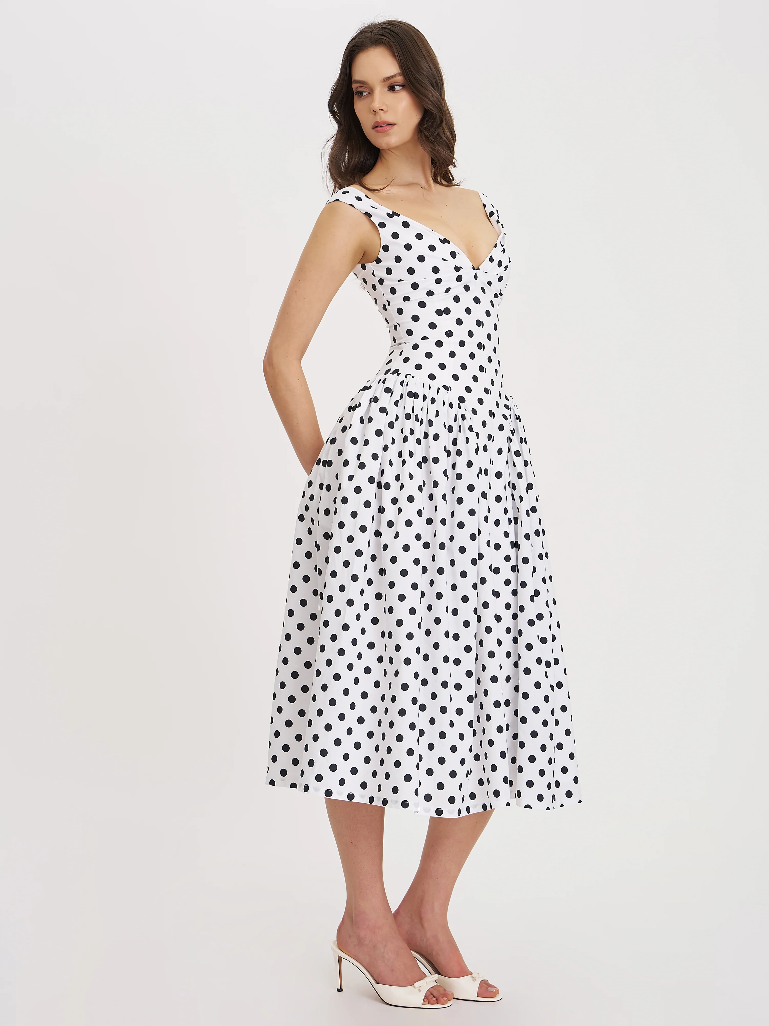 Rahma Polka Dot Drop Waist Midi Cotton Poplin Dress