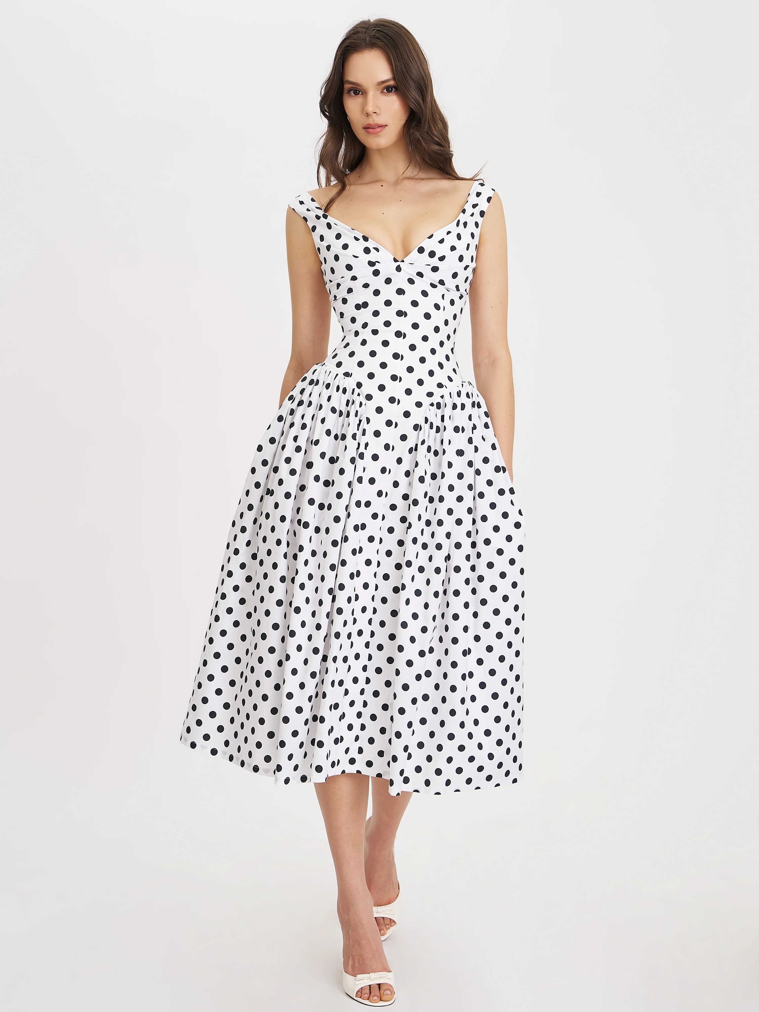 Rahma Polka Dot Drop Waist Midi Cotton Poplin Dress
