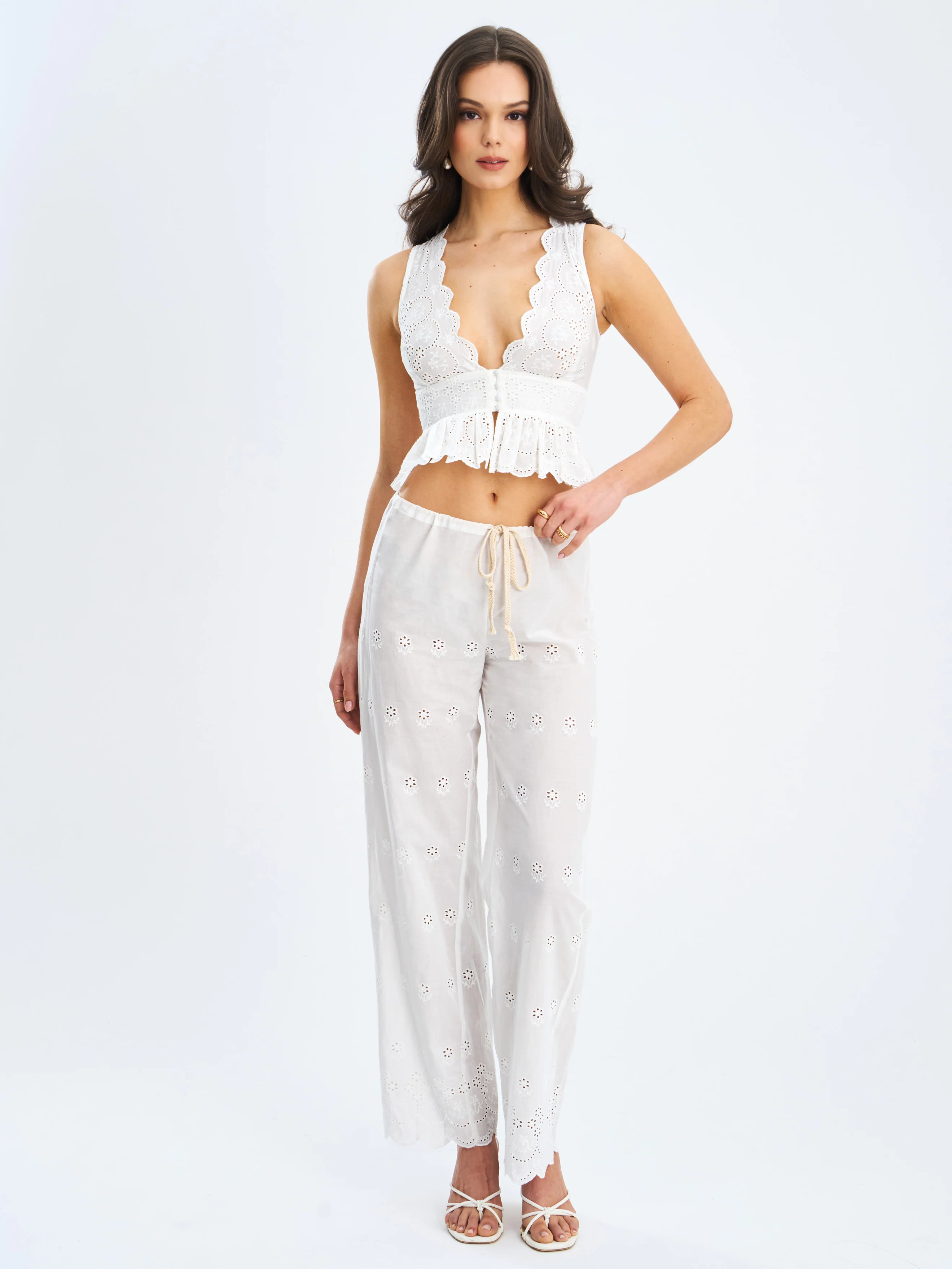 Raia White Eyelet Wave Trim Crop Vest Top