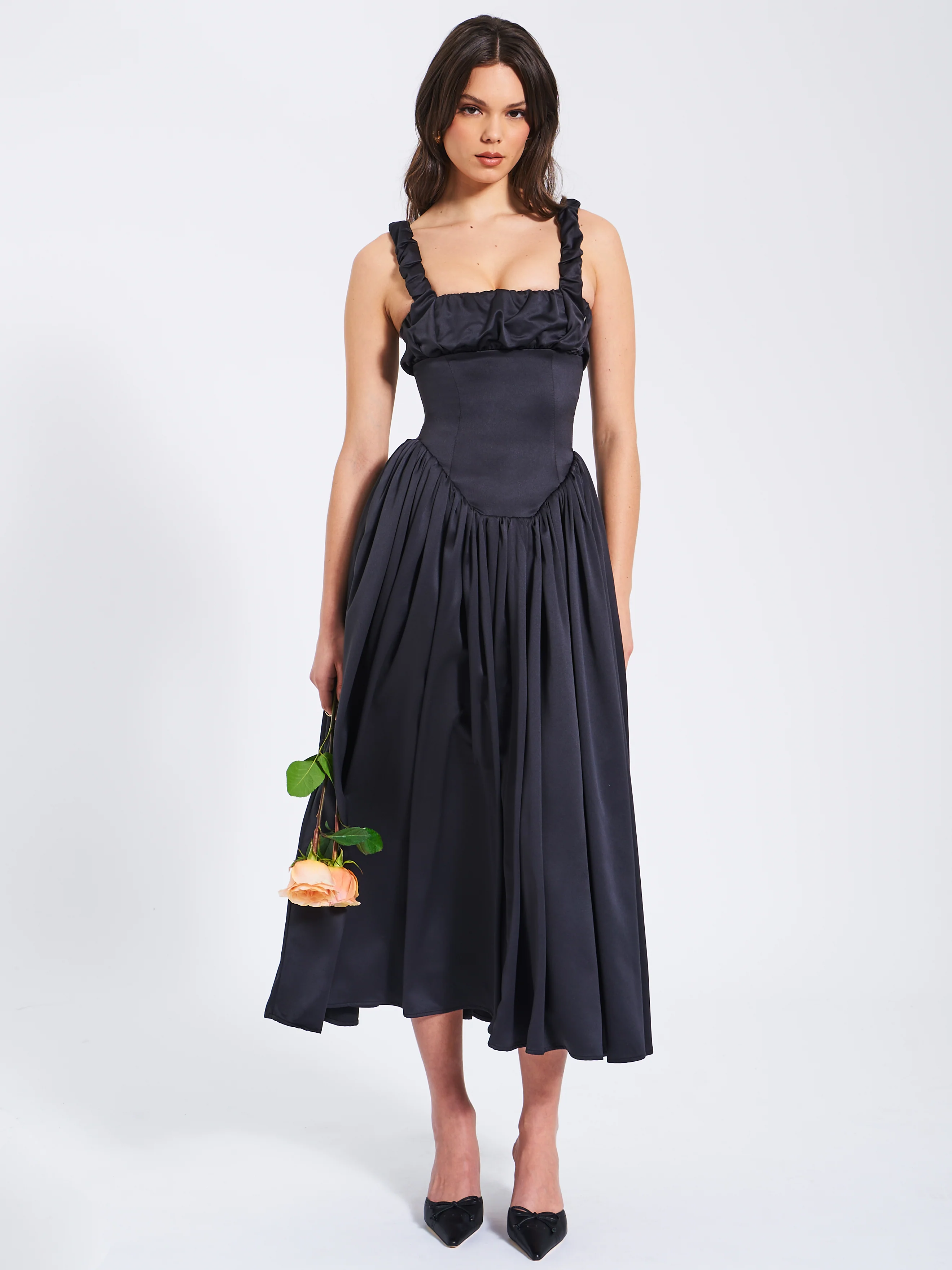 Noreen Black Satin Drop Waist Maxi Sundress