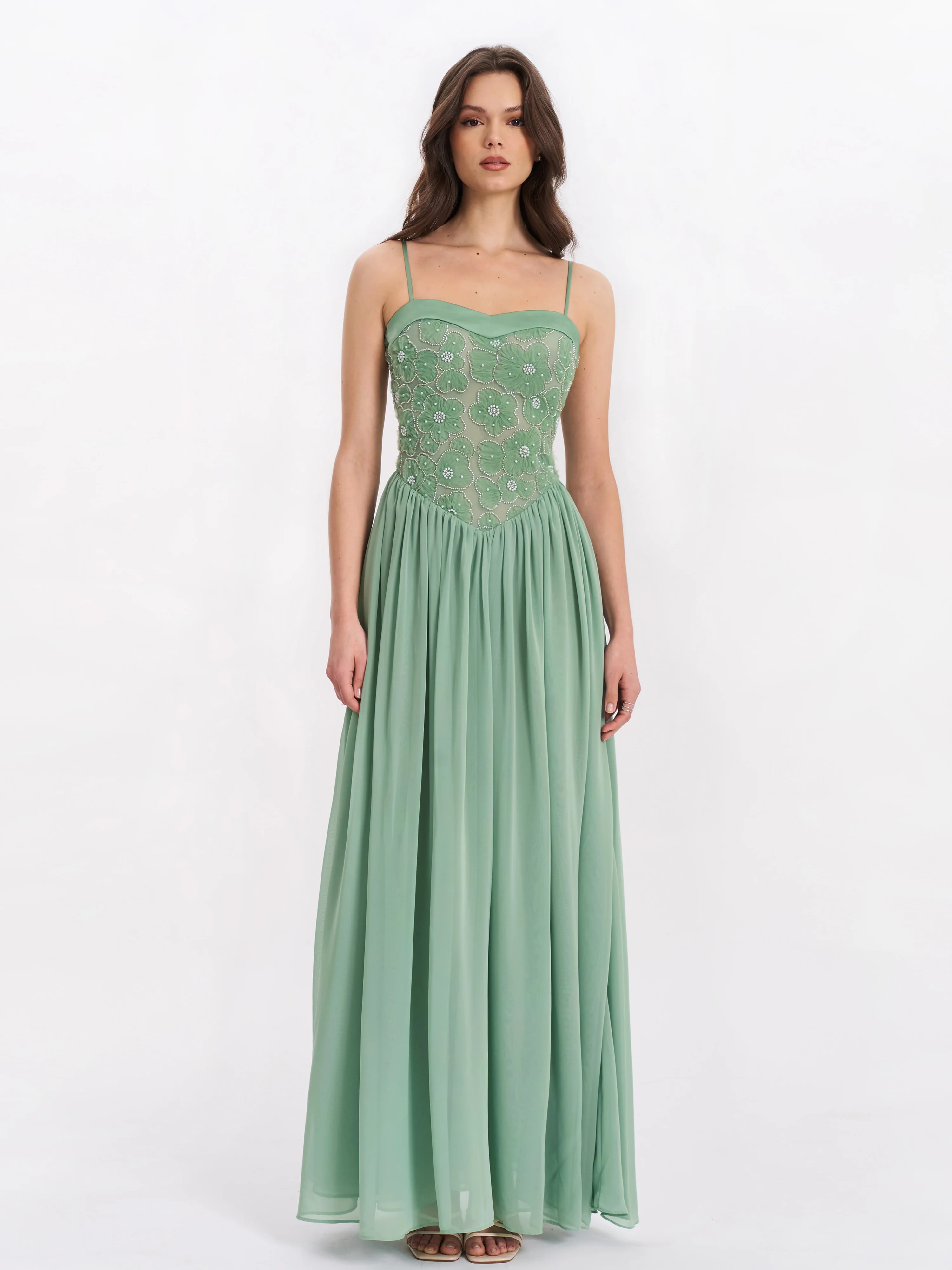 Ucille Sage Green Embroidered Chiffon Maxi Dress
