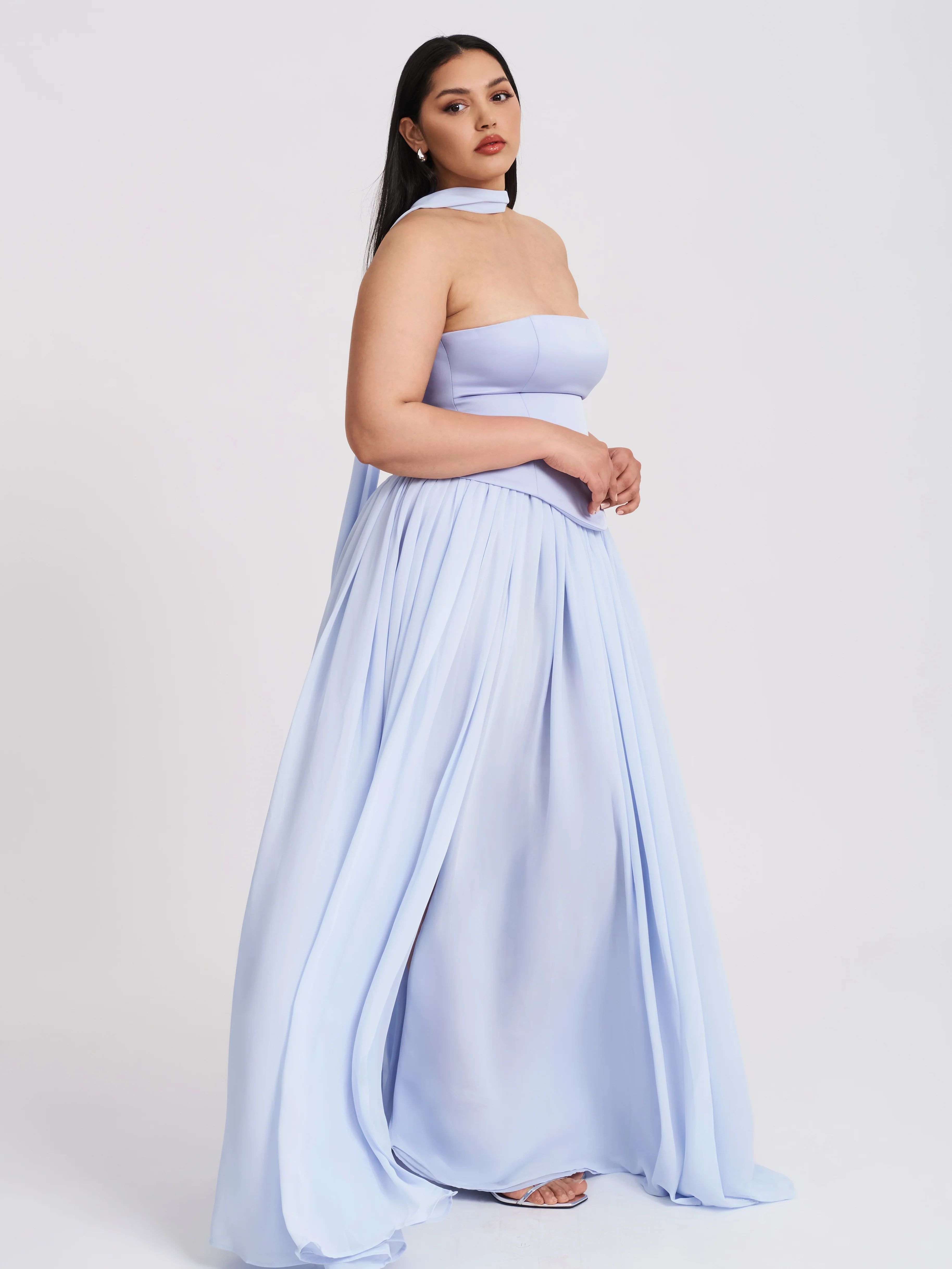 Qianna Baby Blue Peplum Top Drop Waist Chiffon Gown