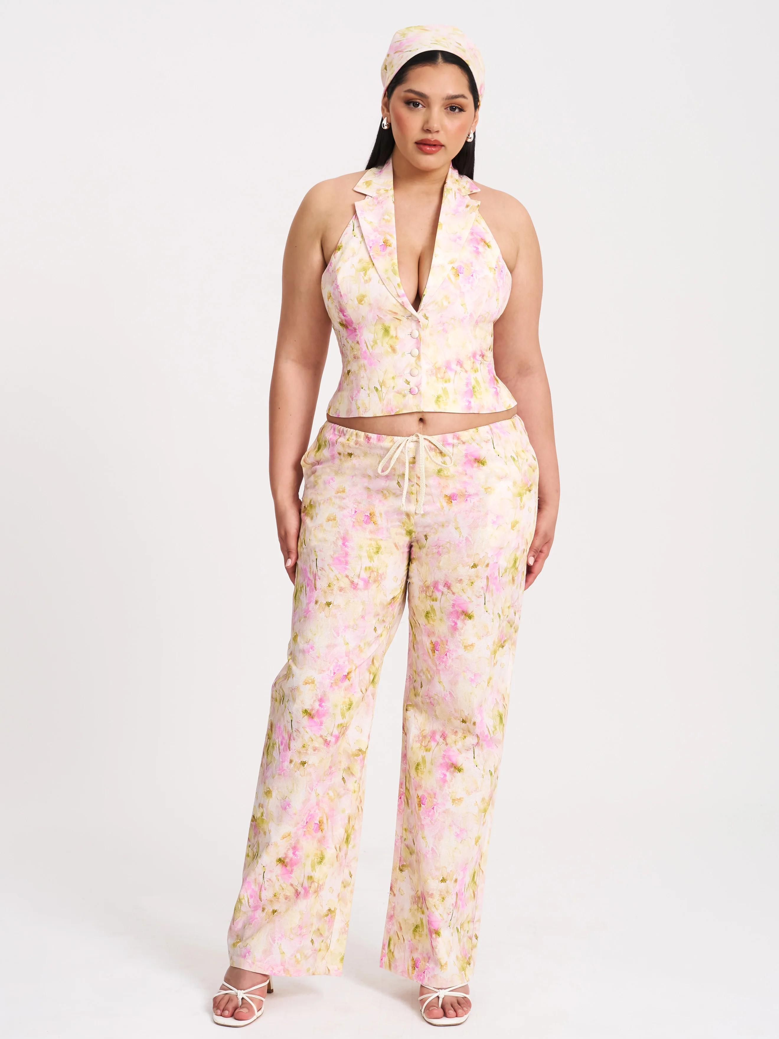 Laureen Pink Floral Print Linen Straight Pants