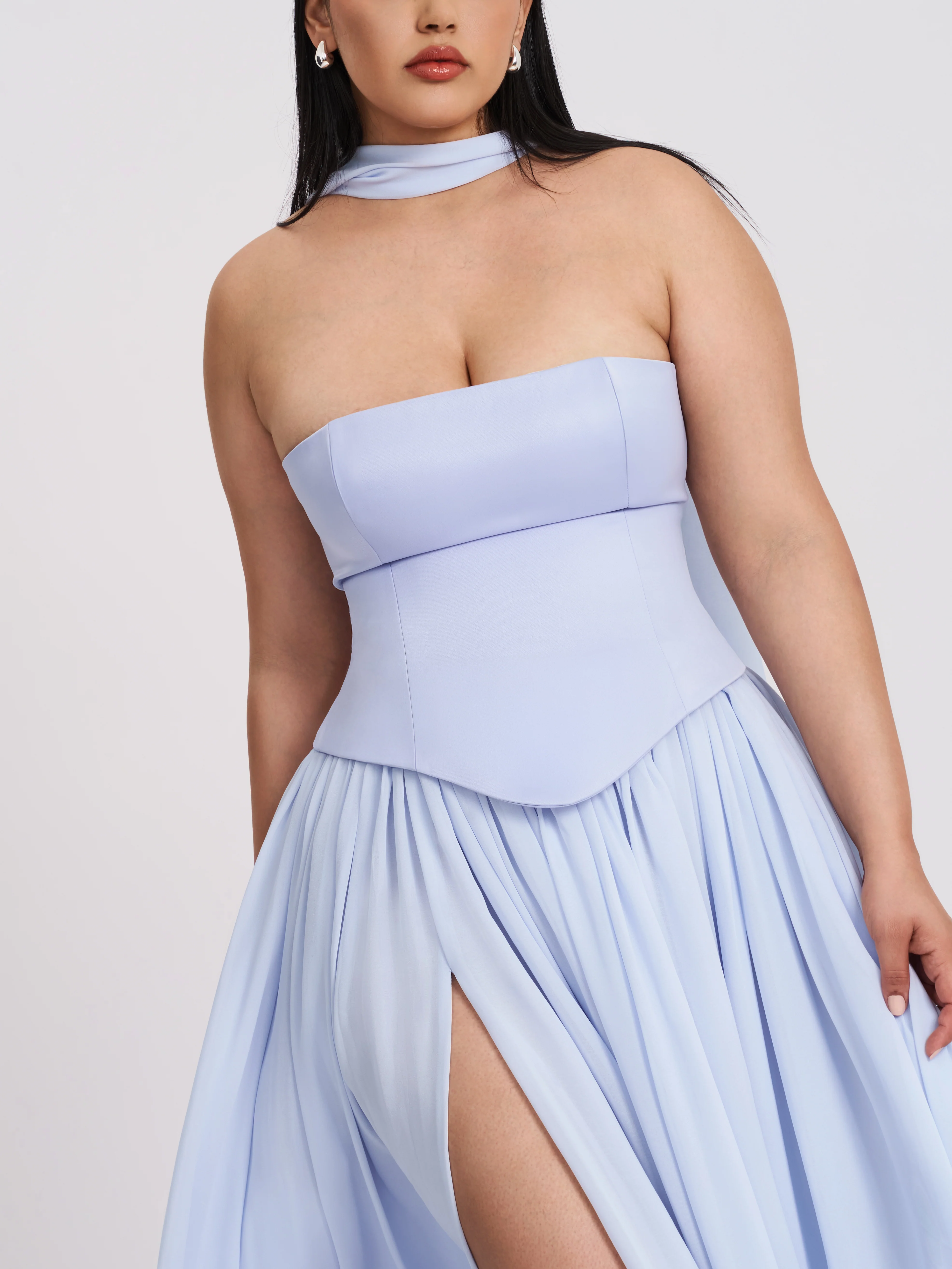 Qianna Baby Blue Peplum Top Drop Waist Chiffon Gown