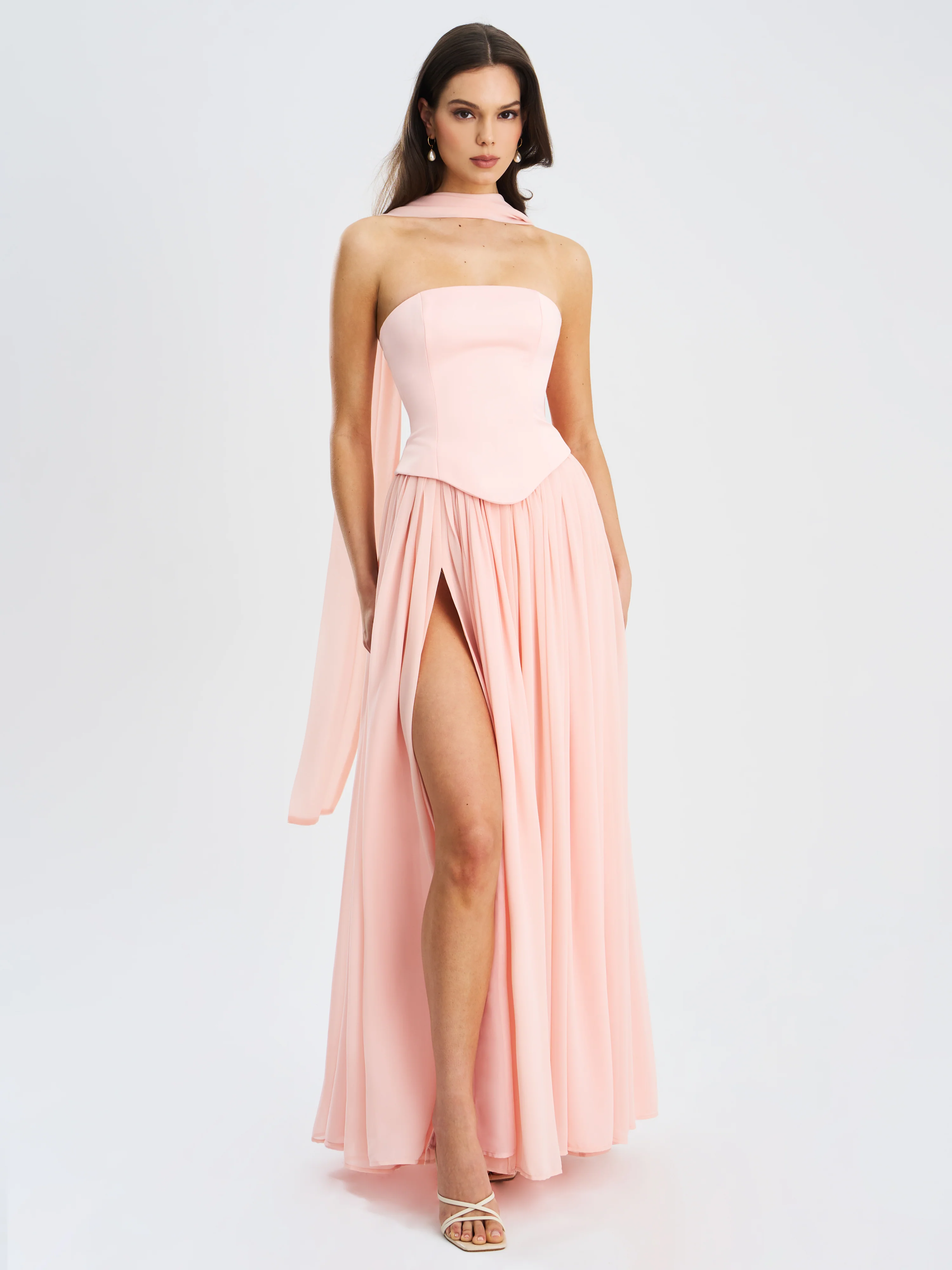 Qianna Baby Pink Peplum Top Drop Waist Chiffon Gown