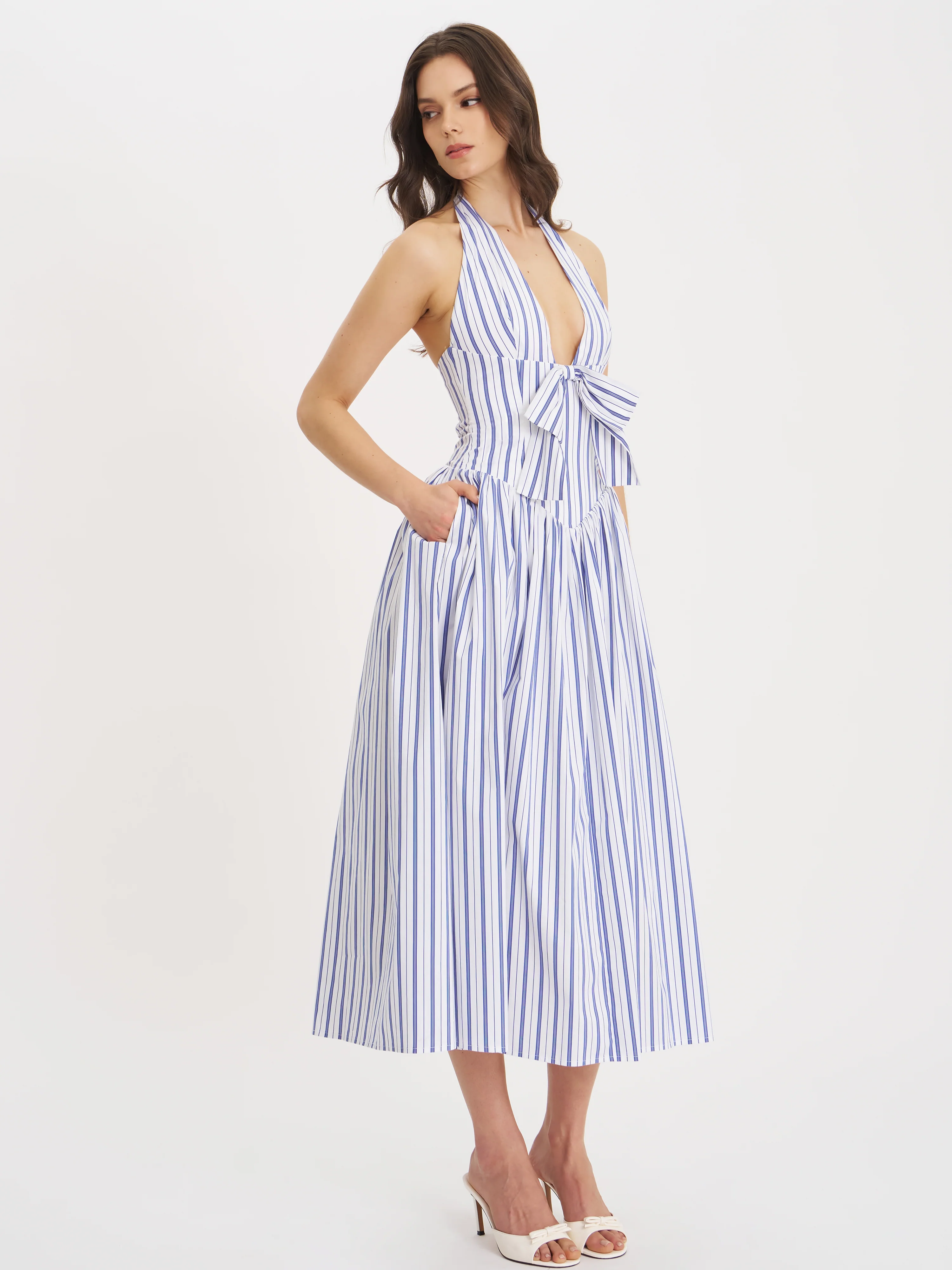Mackenna Navy Stripe Halter Smock Back Maxi Dress