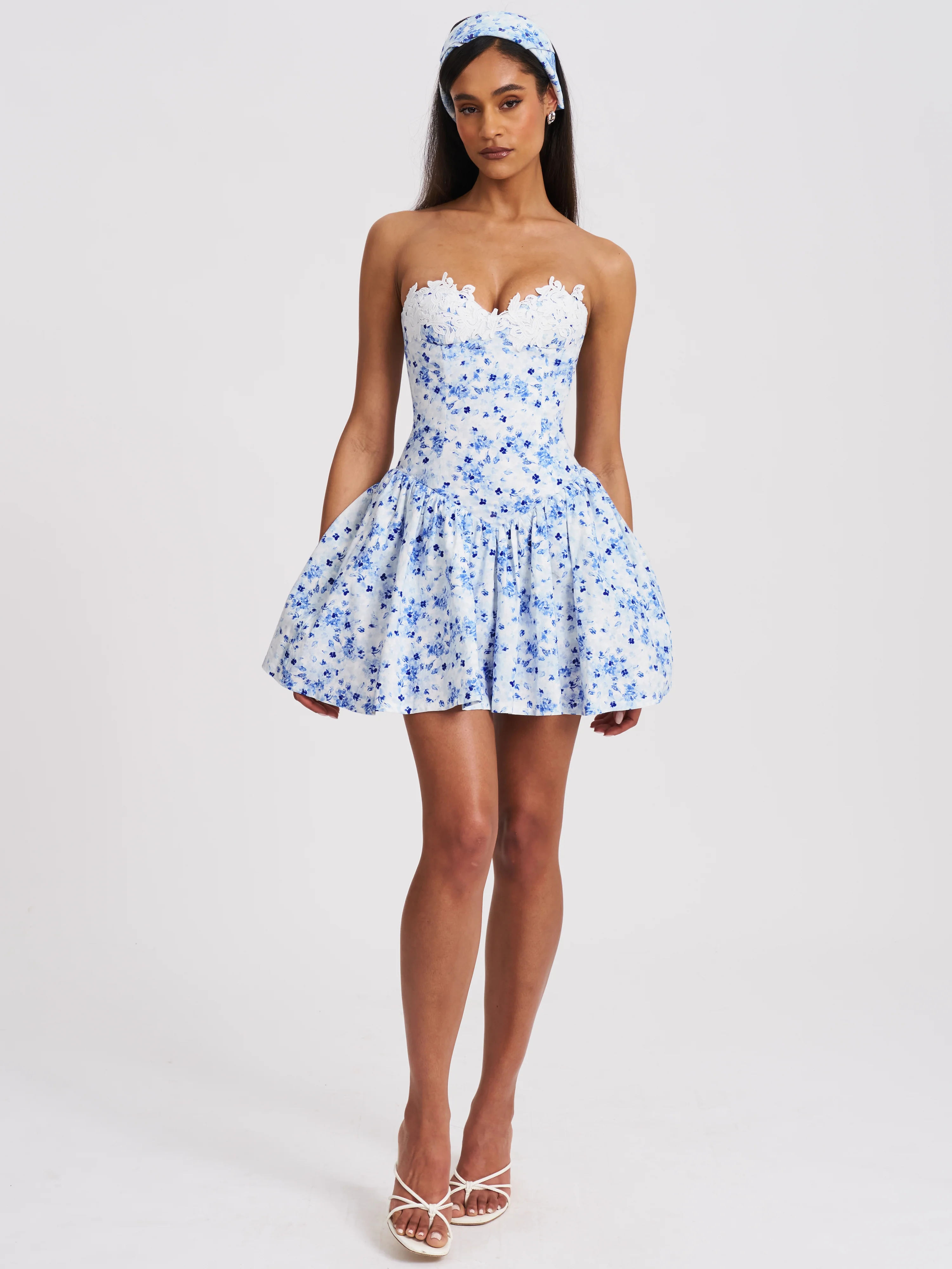 Taleah Blue Floral Print Linen Mini Dress with Lace Trim