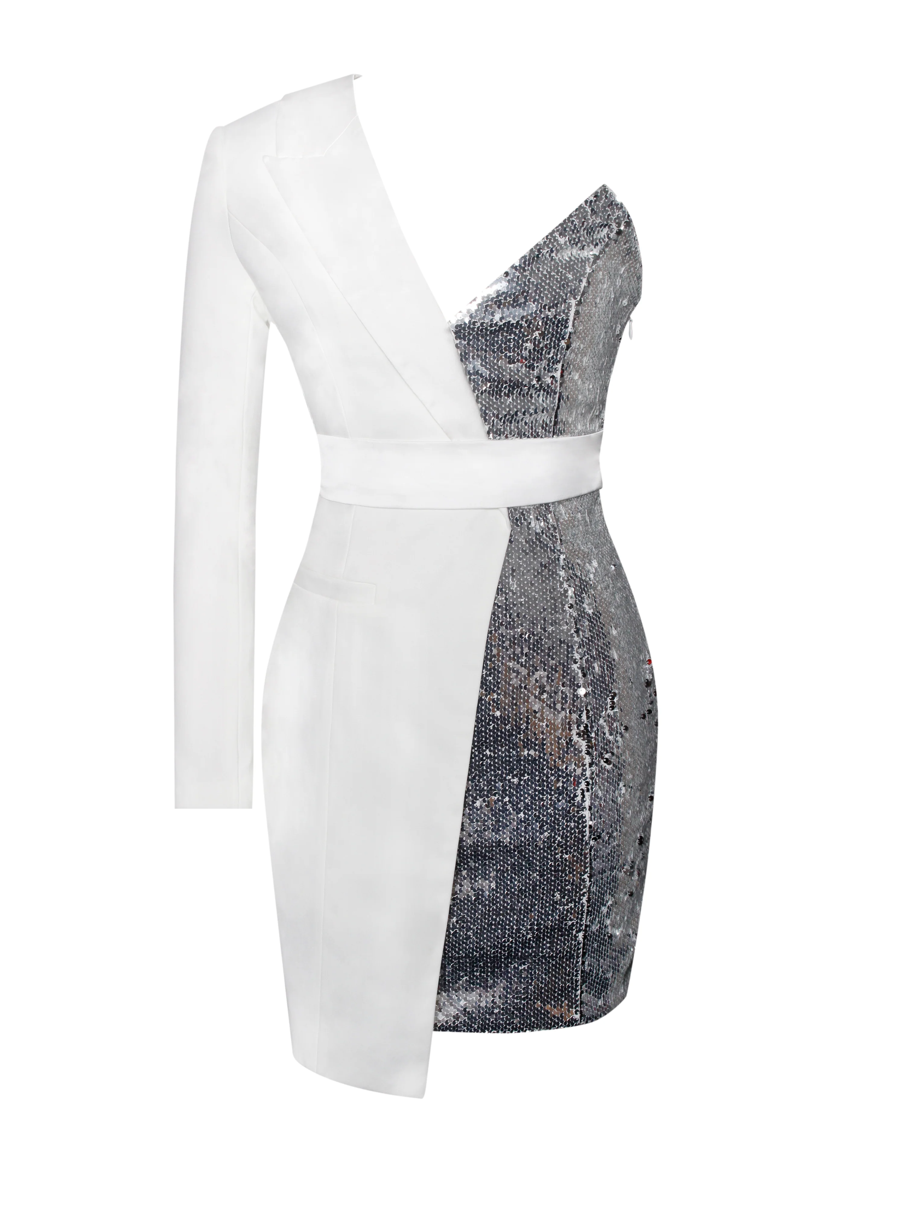 Silver Night White Sequin Crepe Tuxedo Blazer Dress