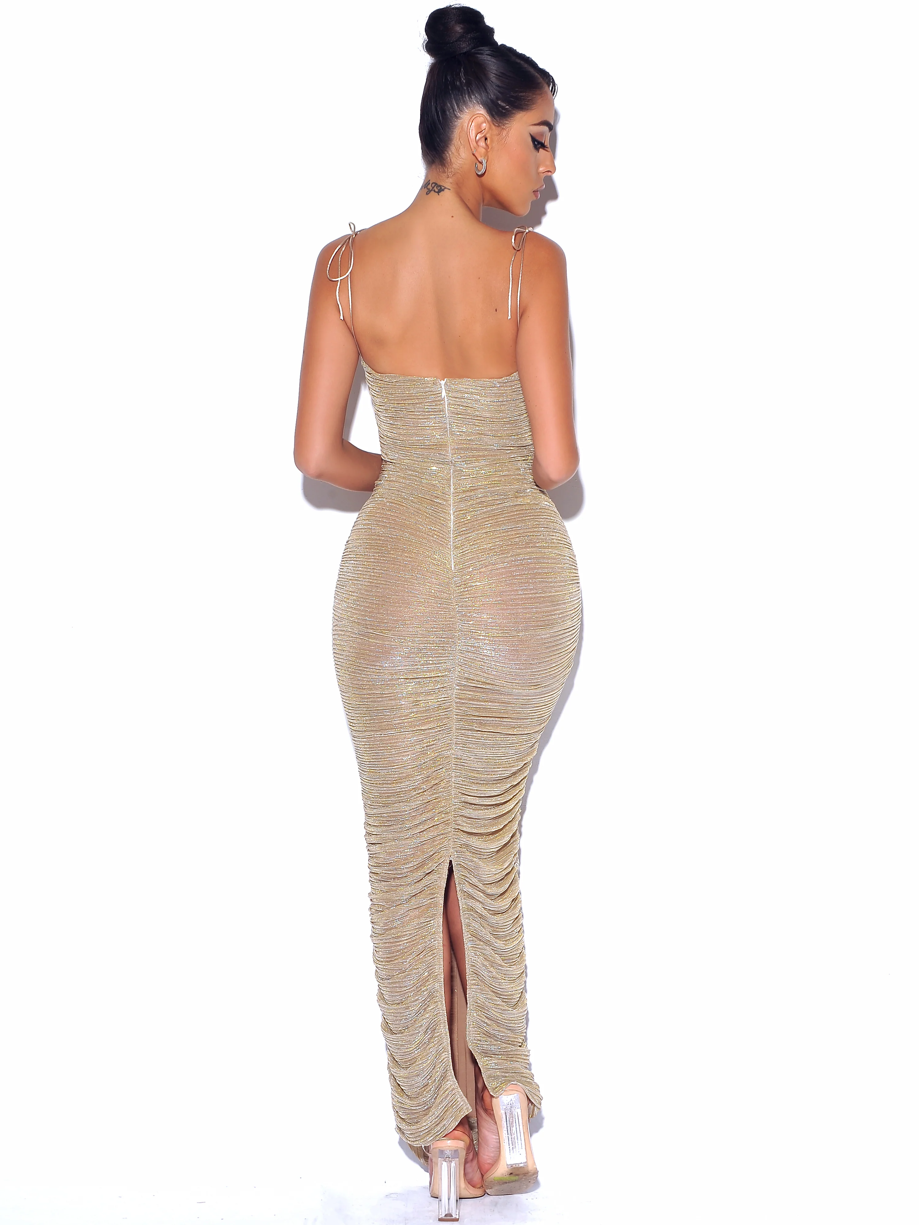 The Glint Gold Ruched Chiffon Long Maxi Dress