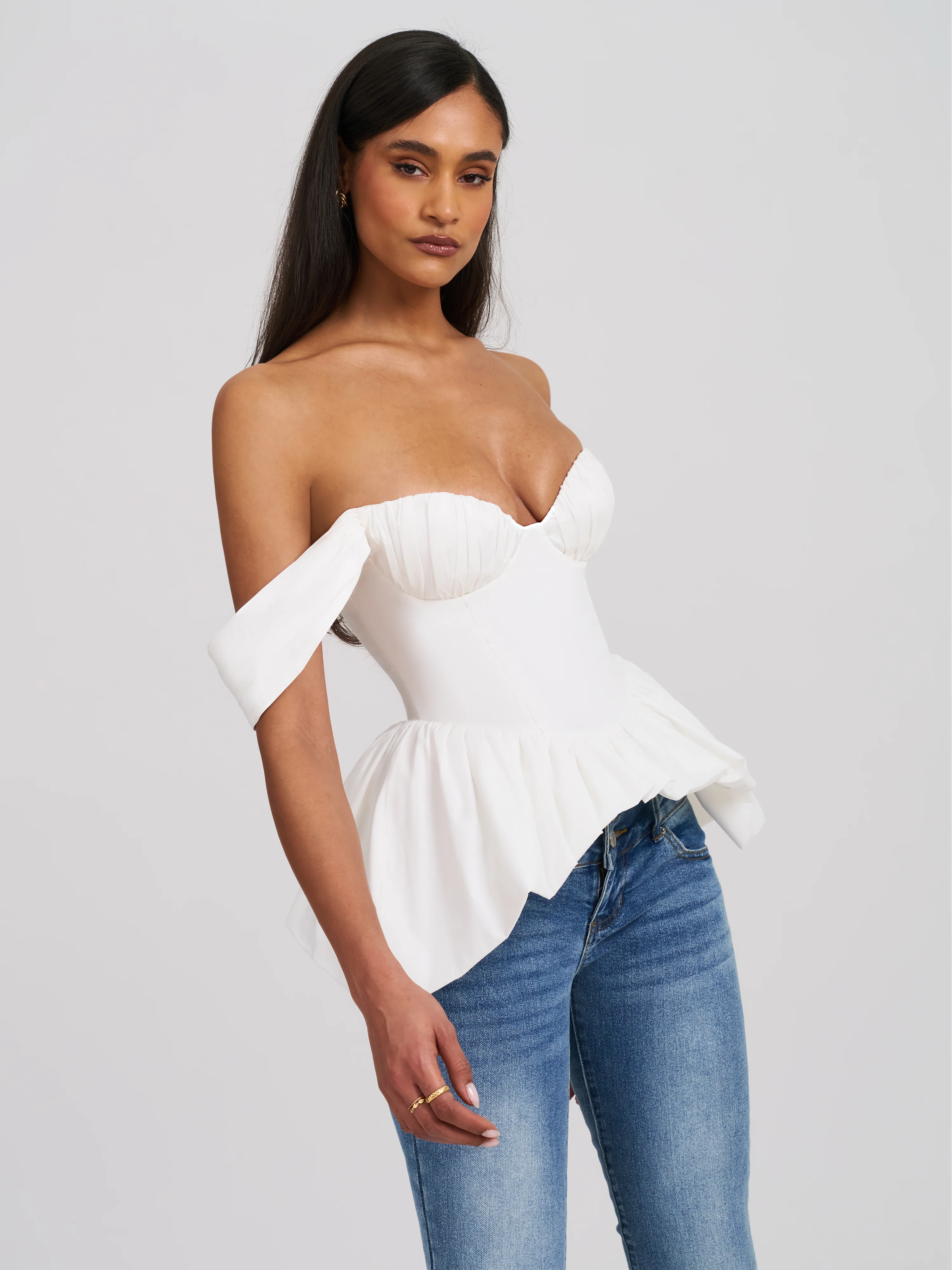 Qistina White Off-shoulder Bubble Hem Peplum Cotton Top