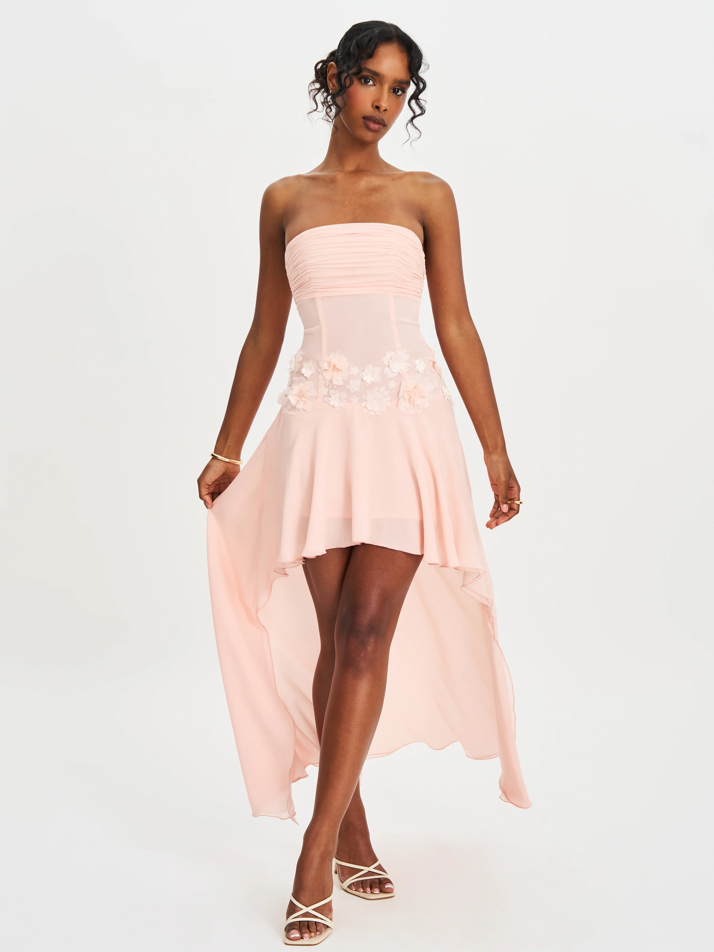 Mae Pink Ruched Breast Appliqué Trim Trailing Dress