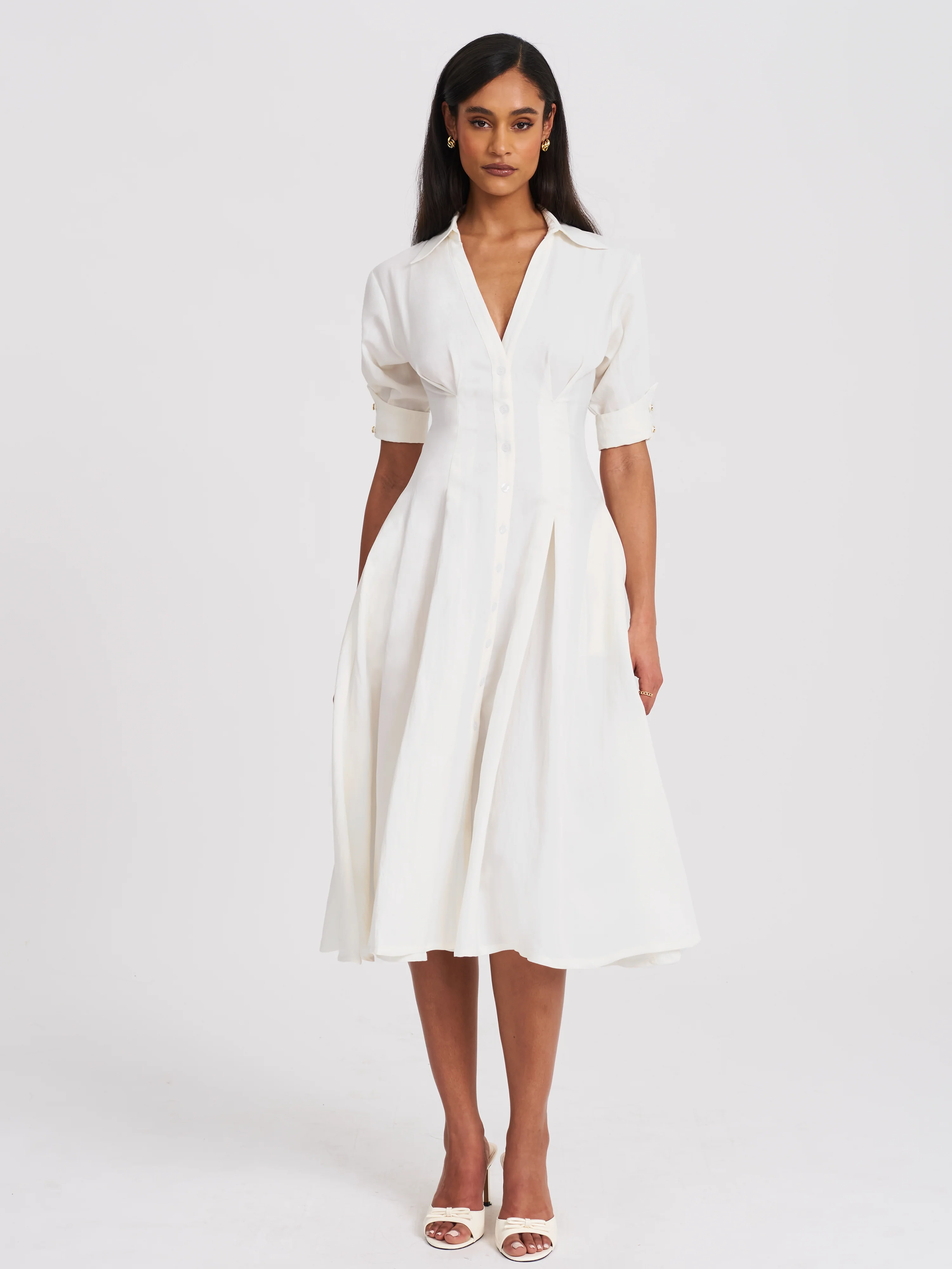 Palina Lyocell Pleated Midi Preppy Shirt Dress