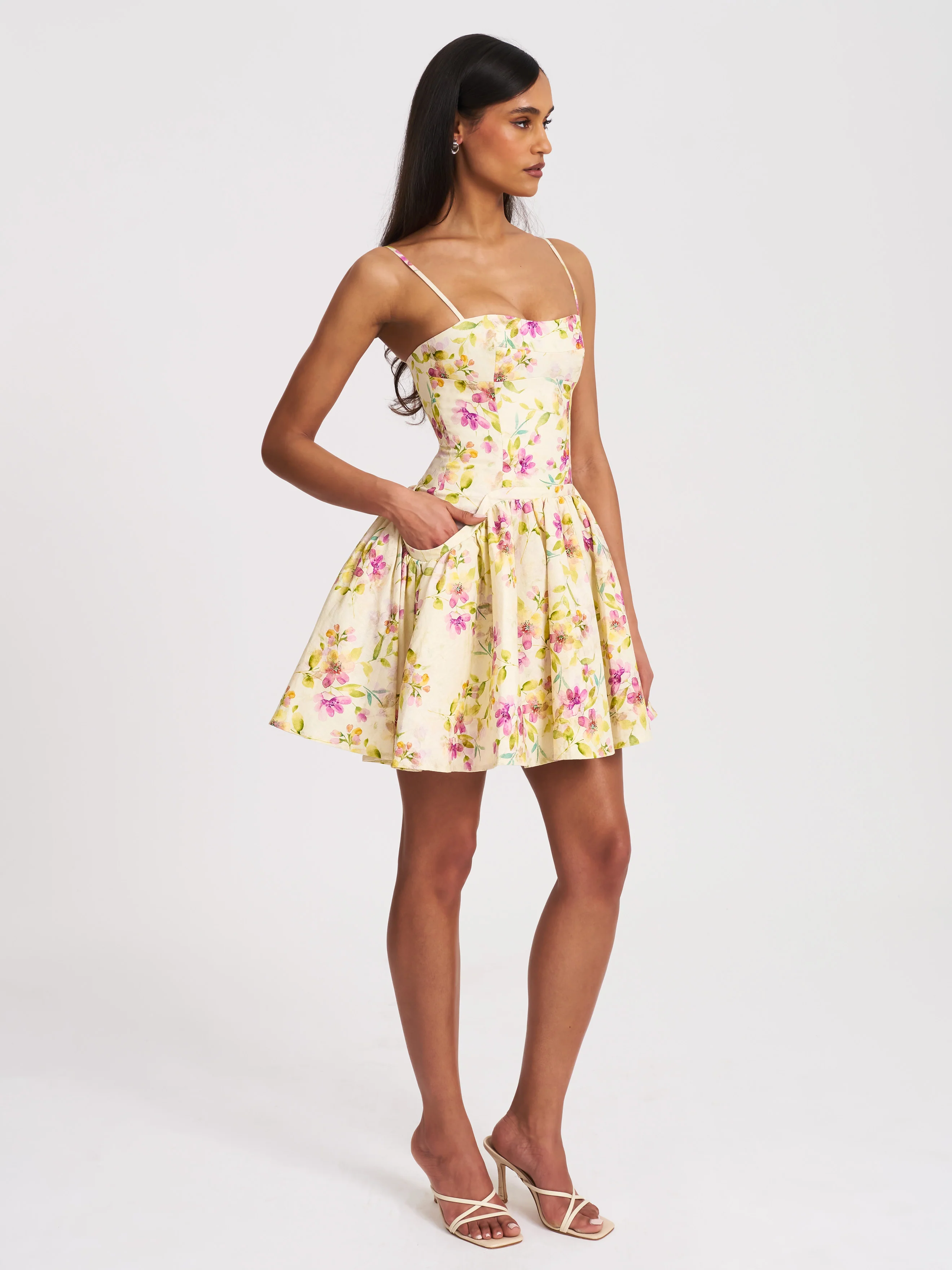 Valda Yellow and Pink Print Linen Mini Dress with Pockets
