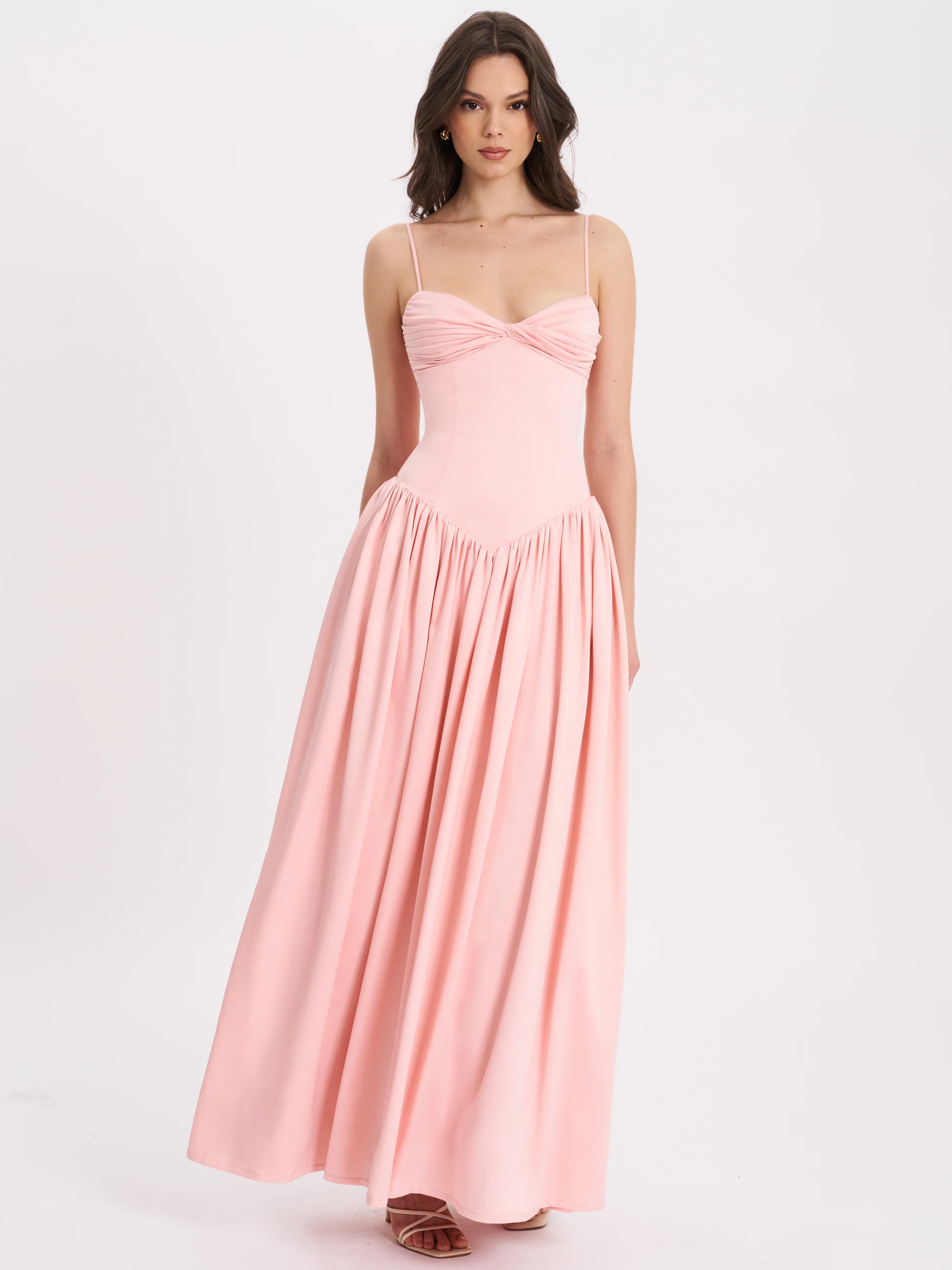 Najwa Baby Pink Ruched Breast Drop Waist Maxi Dress
