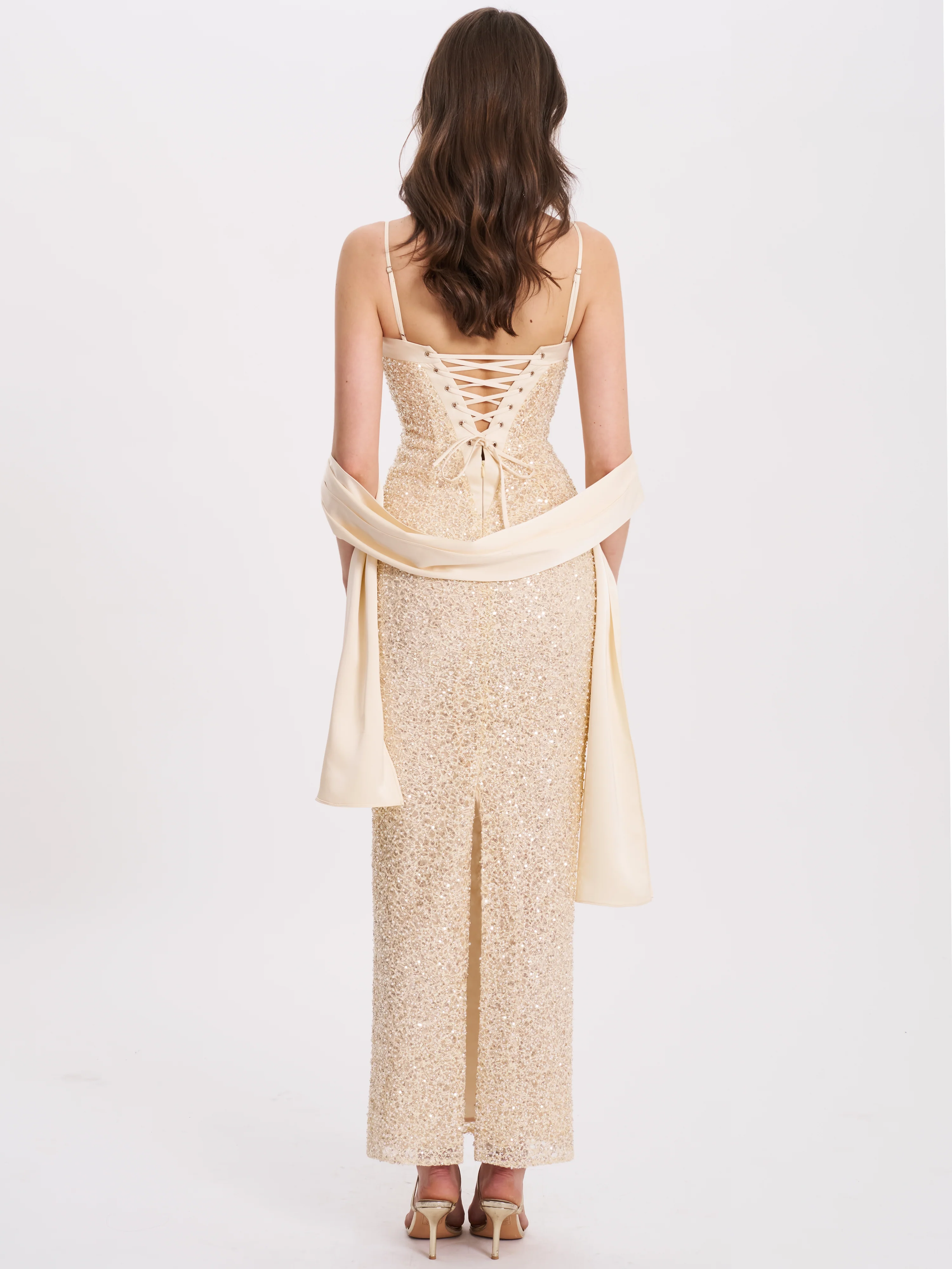 Raizel Gold Beaded Sequin Bodycon Gown with Scarf