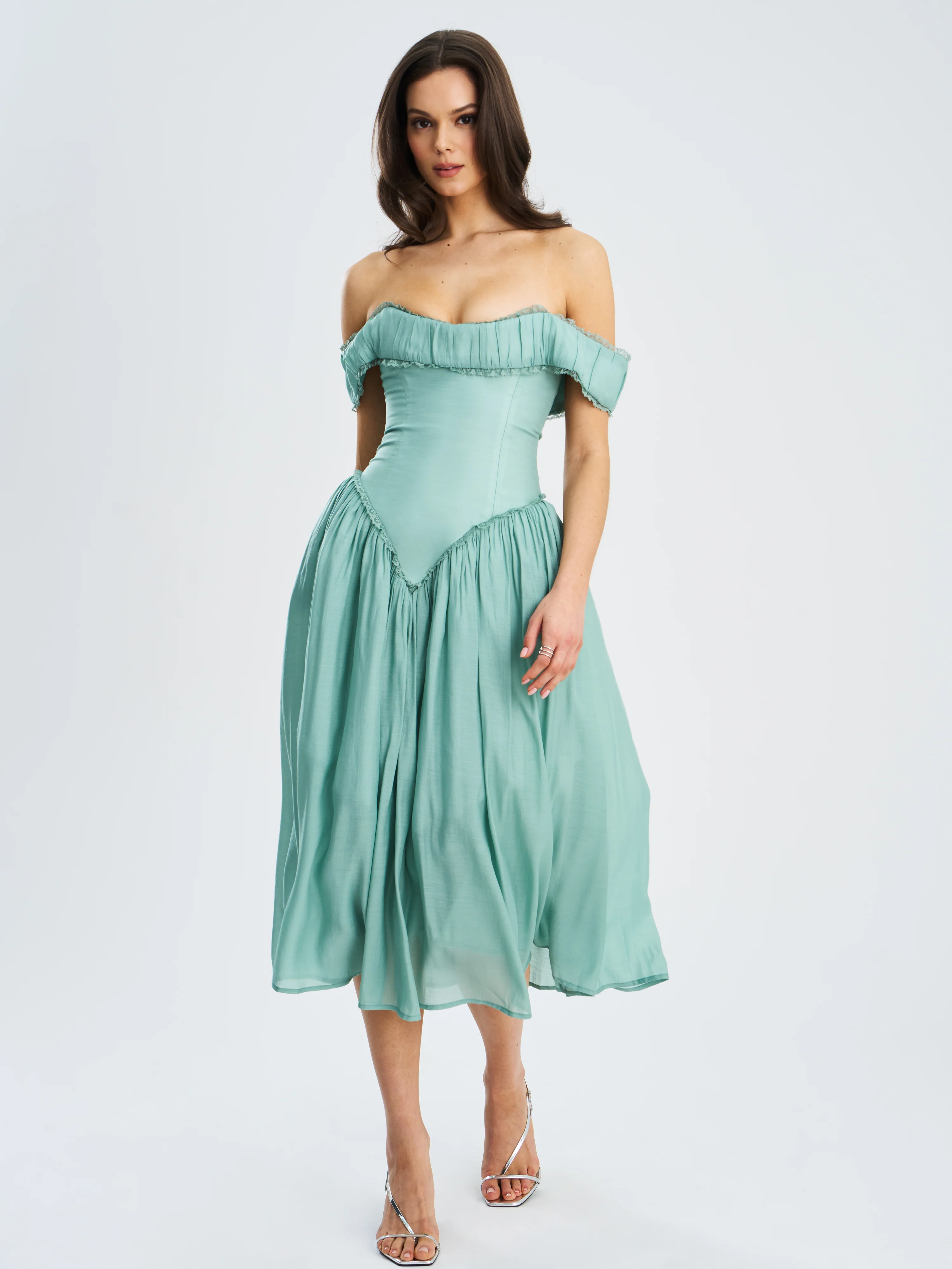 Xavy Teal Green Off Shoulder Corset Midi Dress