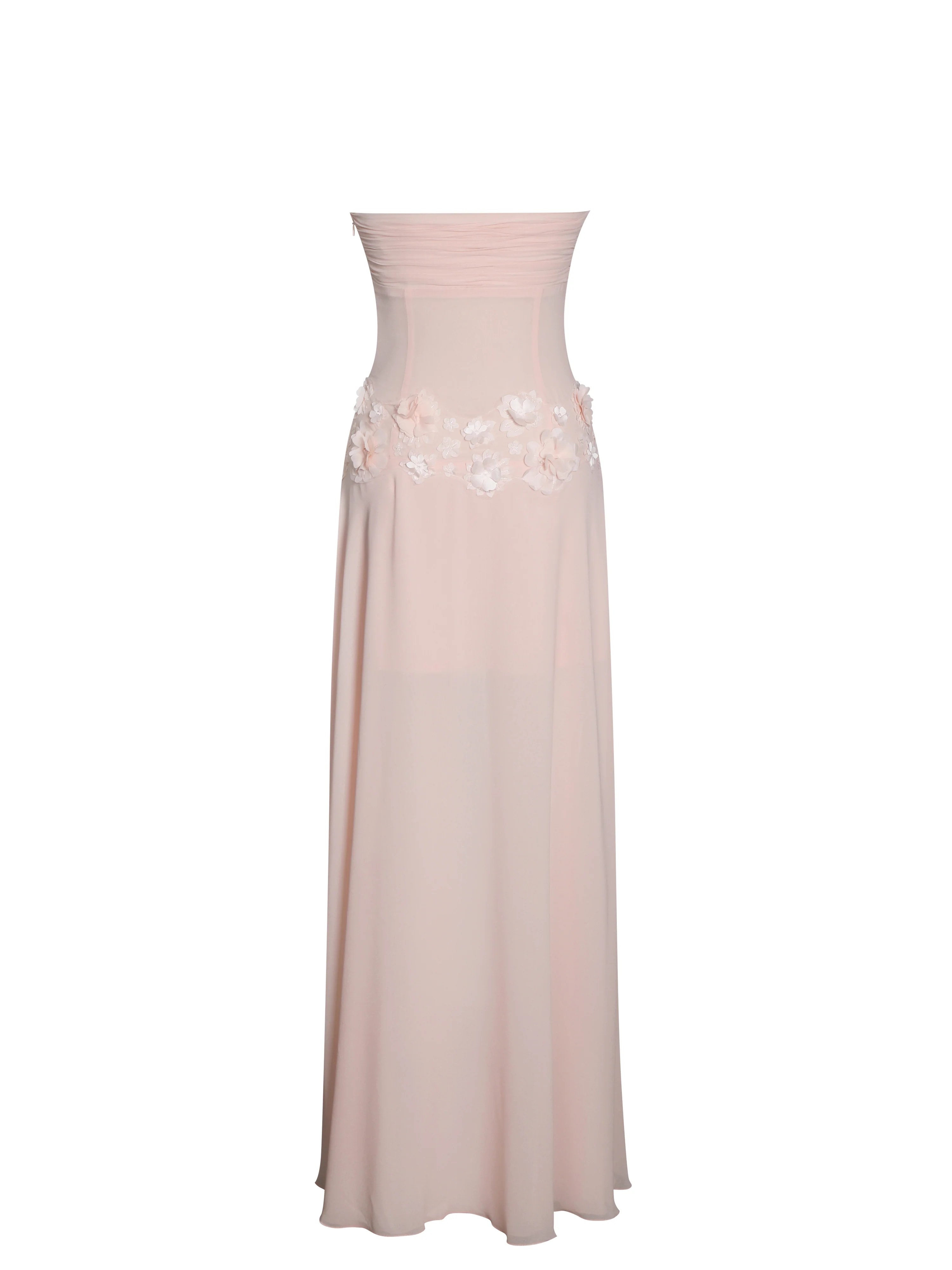 Mae Pink Ruched Breast Appliqué Trim Trailing Dress