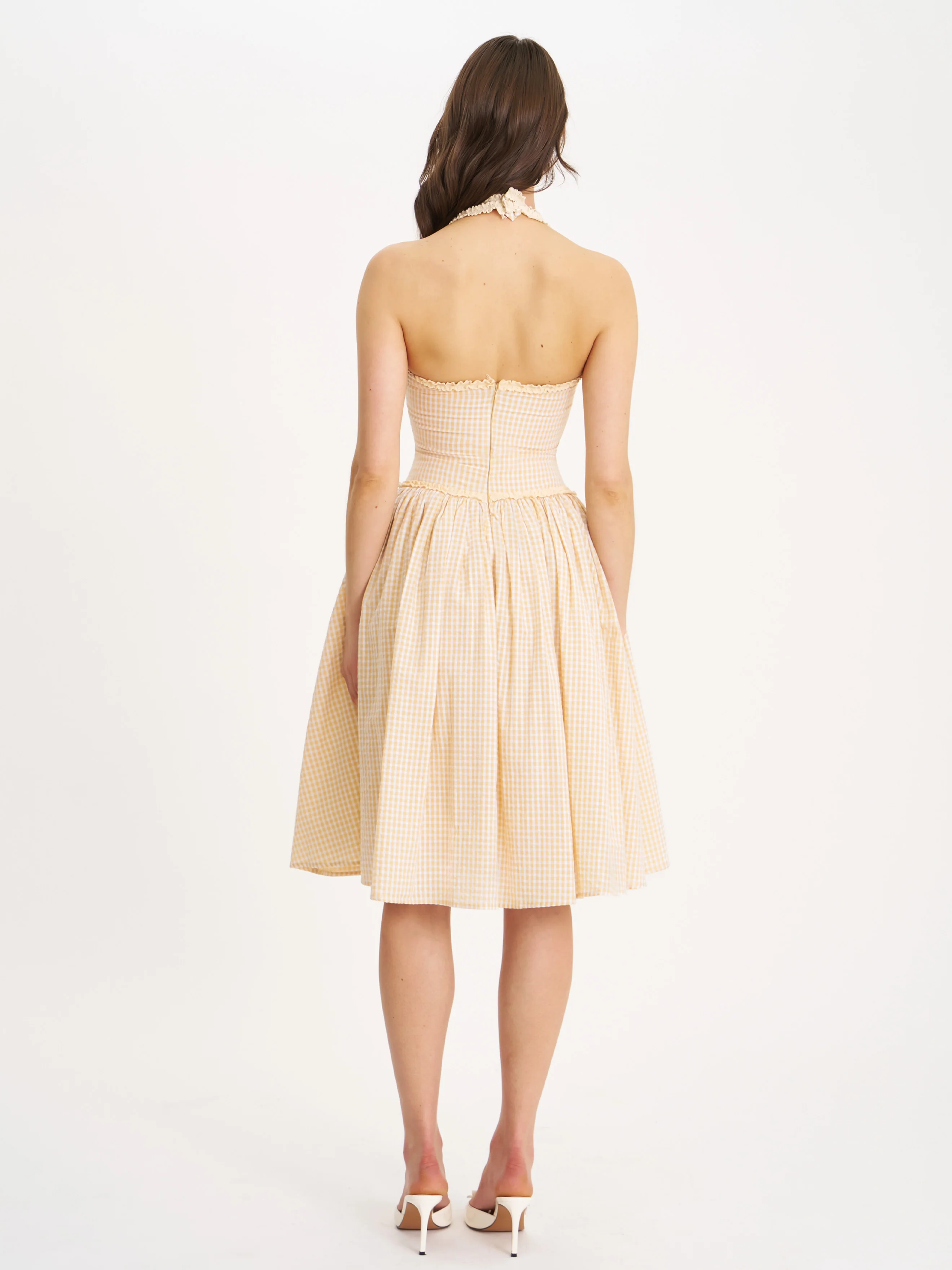 Idella Yellow Gingham U Neck Midi Dress