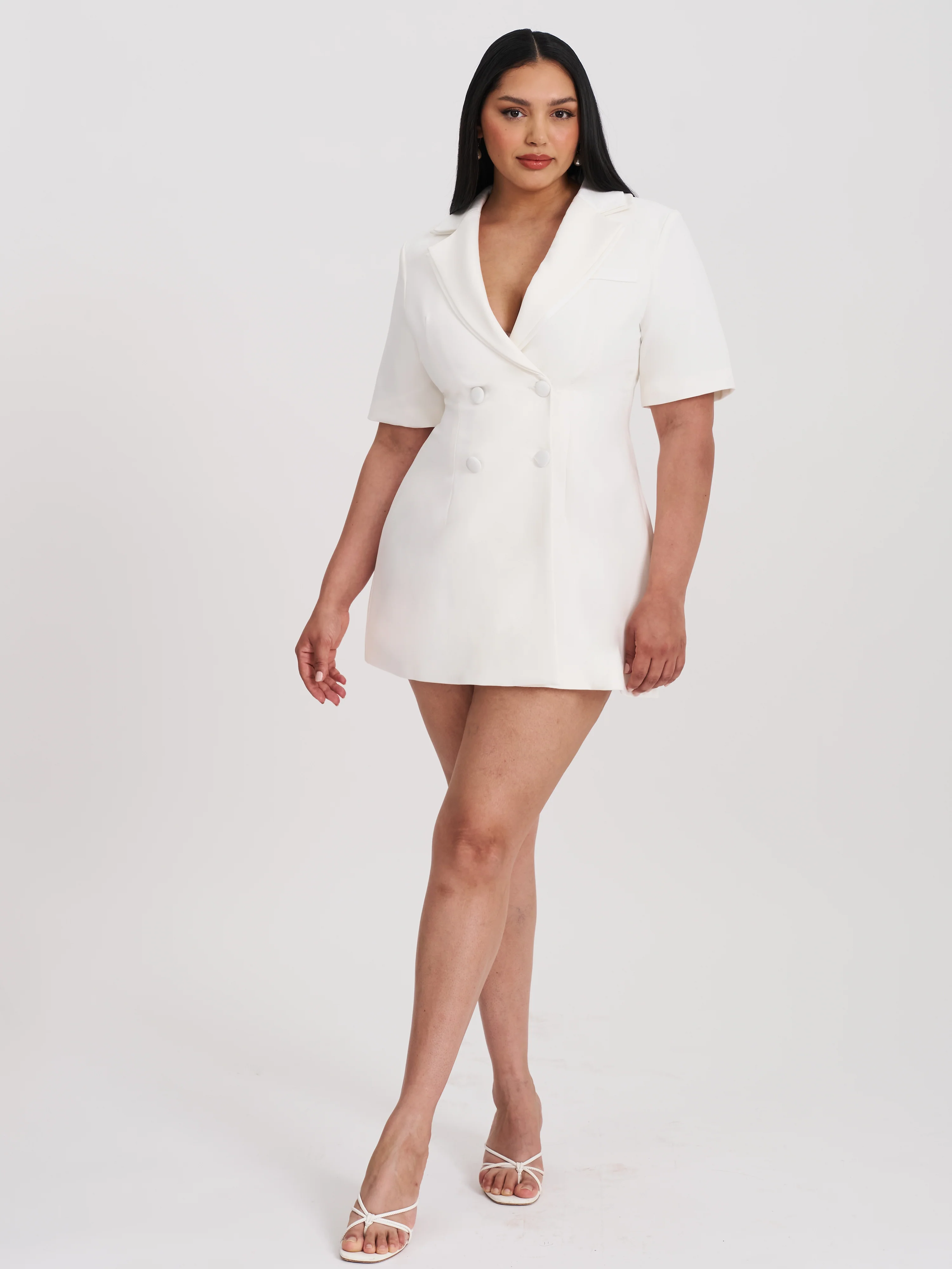 Madelina White Double Breast Satin Trim Blazer Dress
