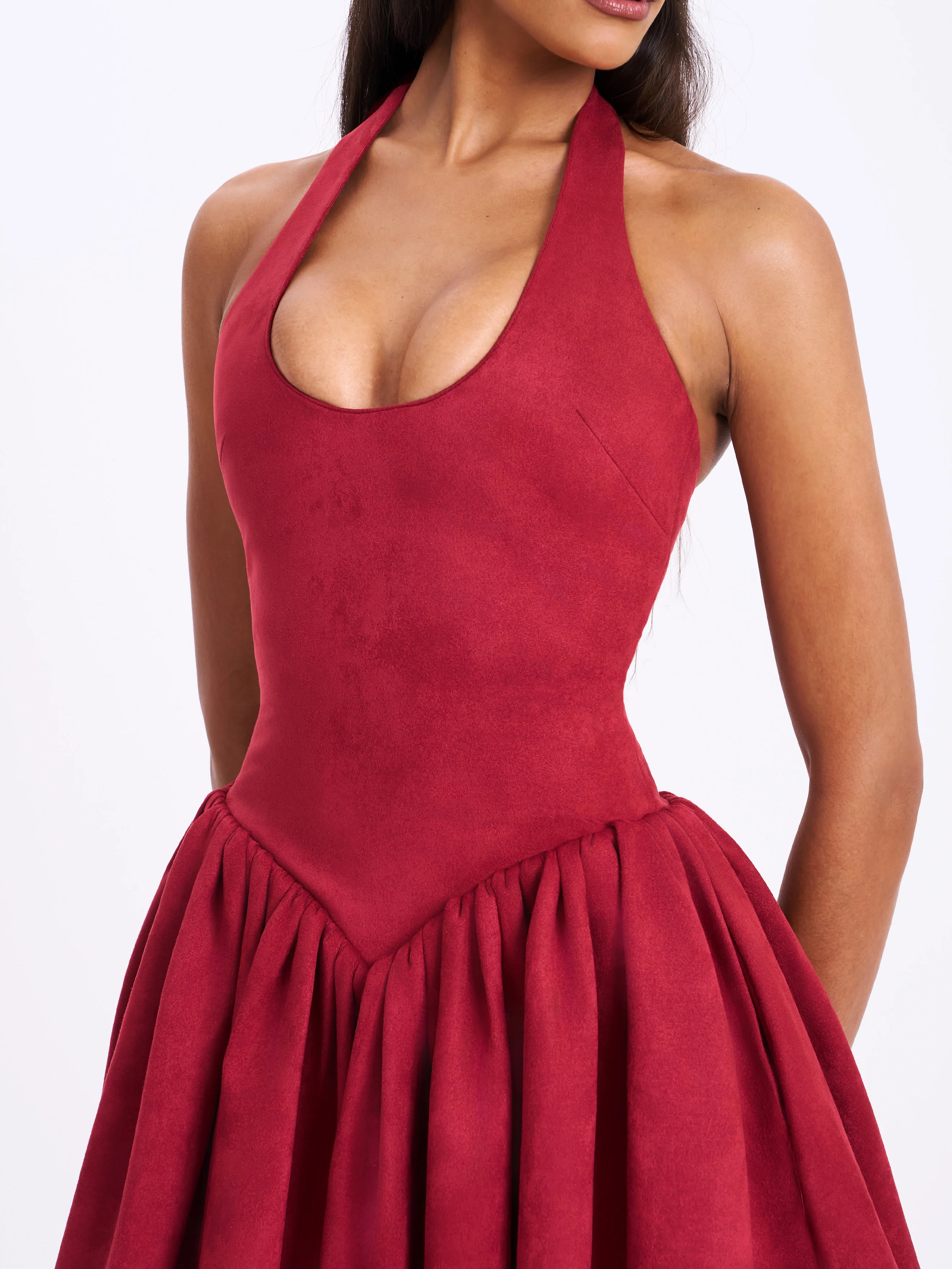 Hadara Burgundy Suede Halter Mini Full Dress