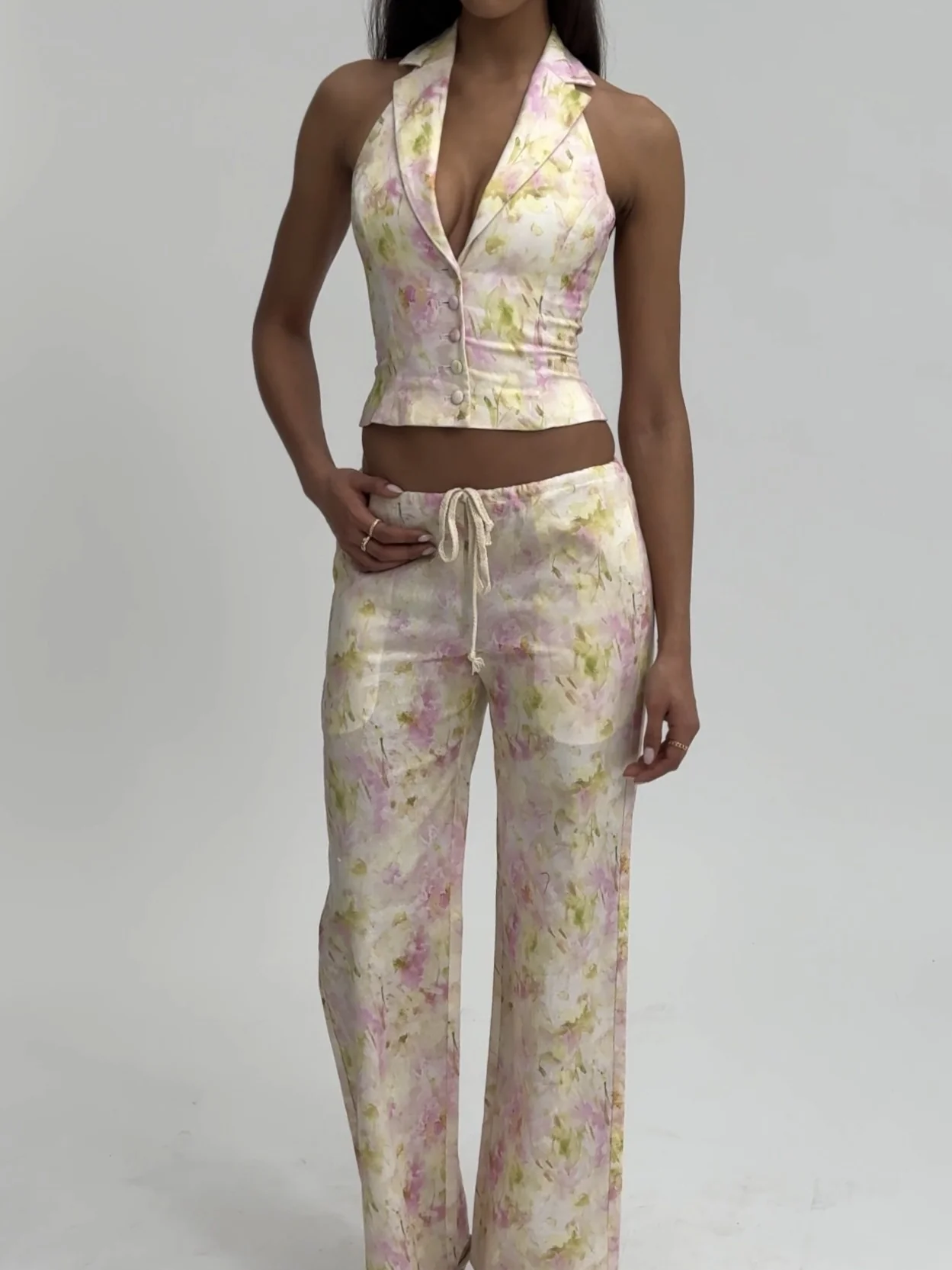 Lauren Pink Floral Print Ruched Back Linen Suit Vest