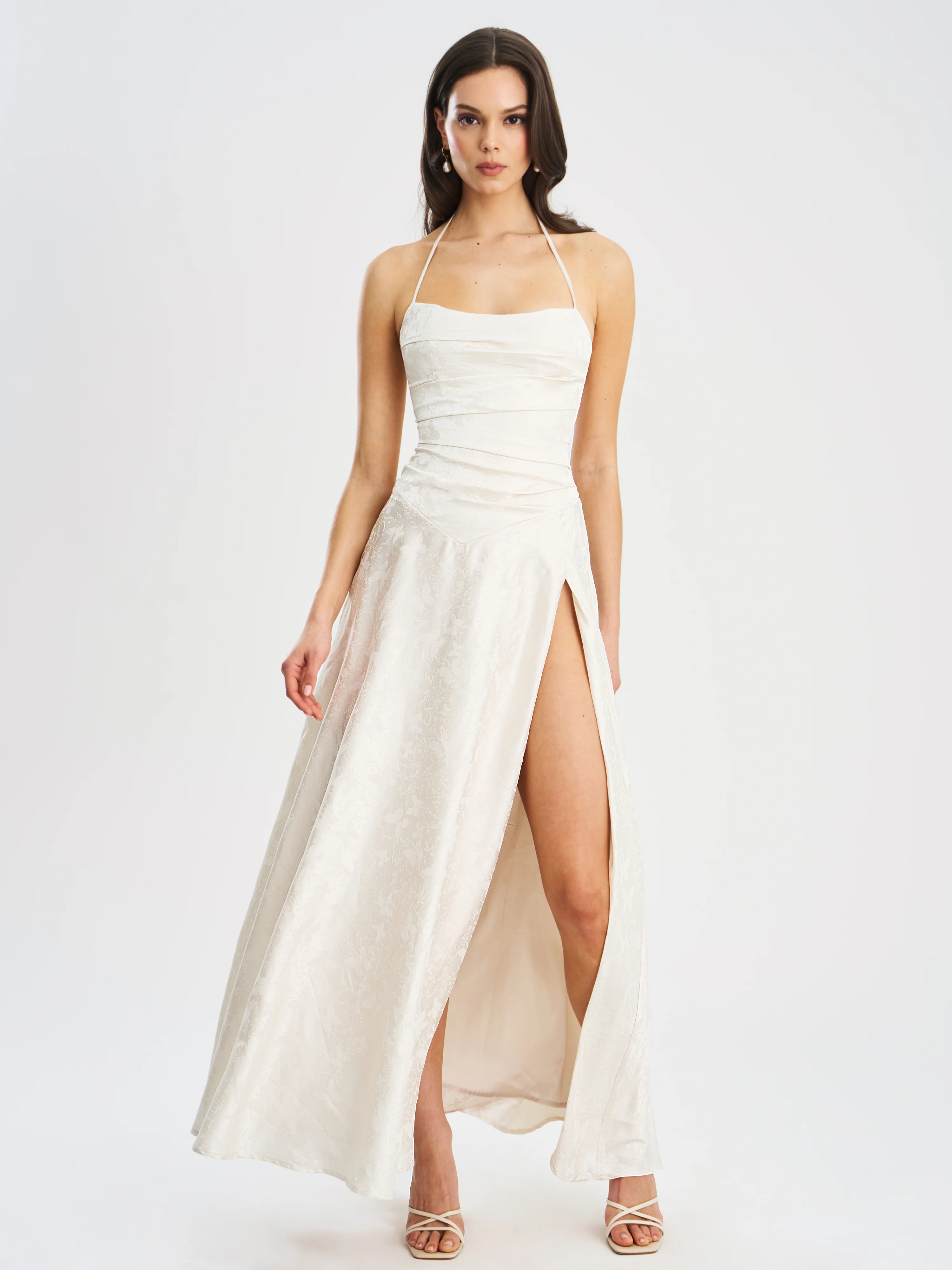 Raegan Pearl White Jacquard Rouched Maxi Dress