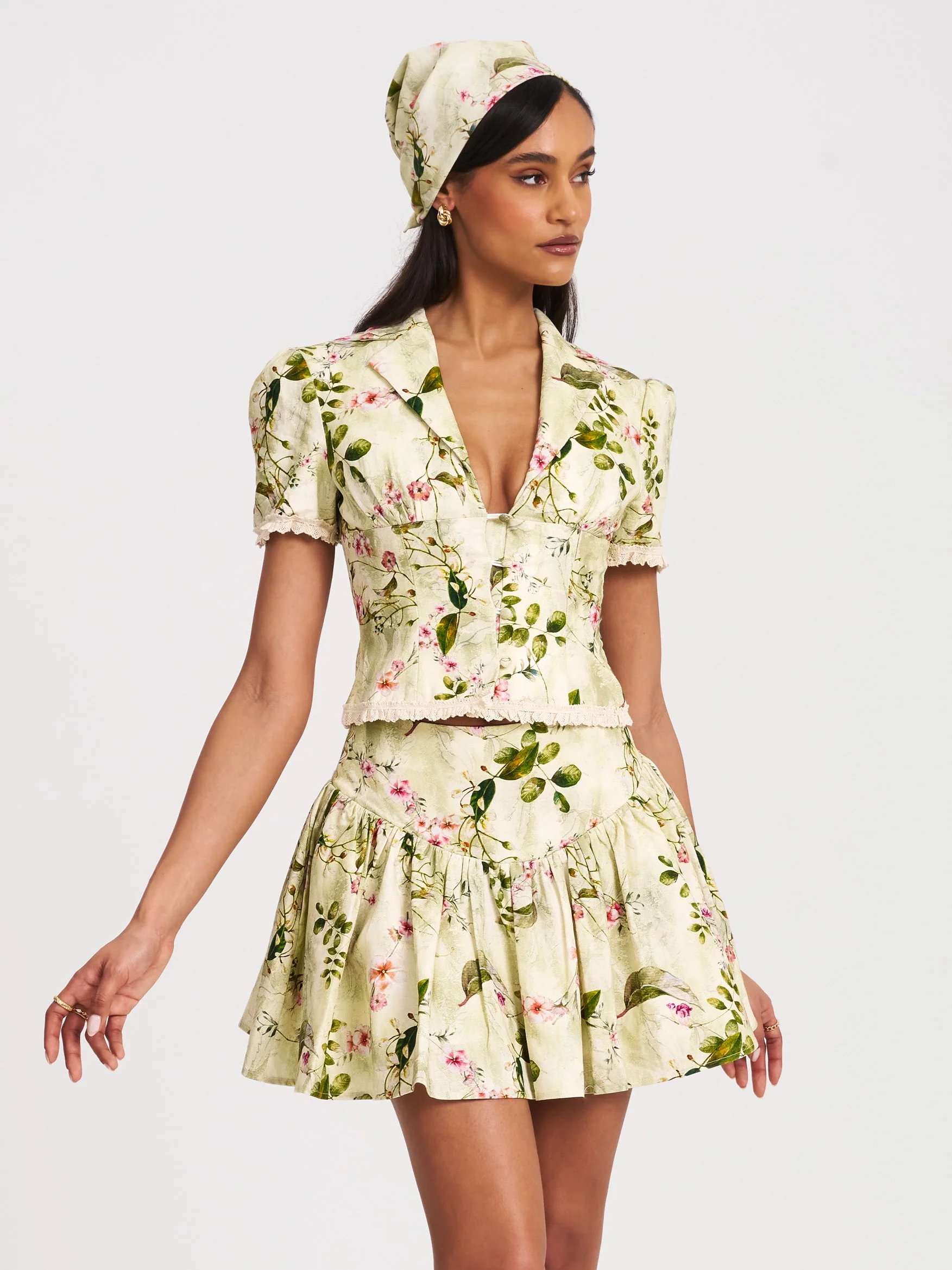 Spring Affair Green Floral Print Linen Head Scarf