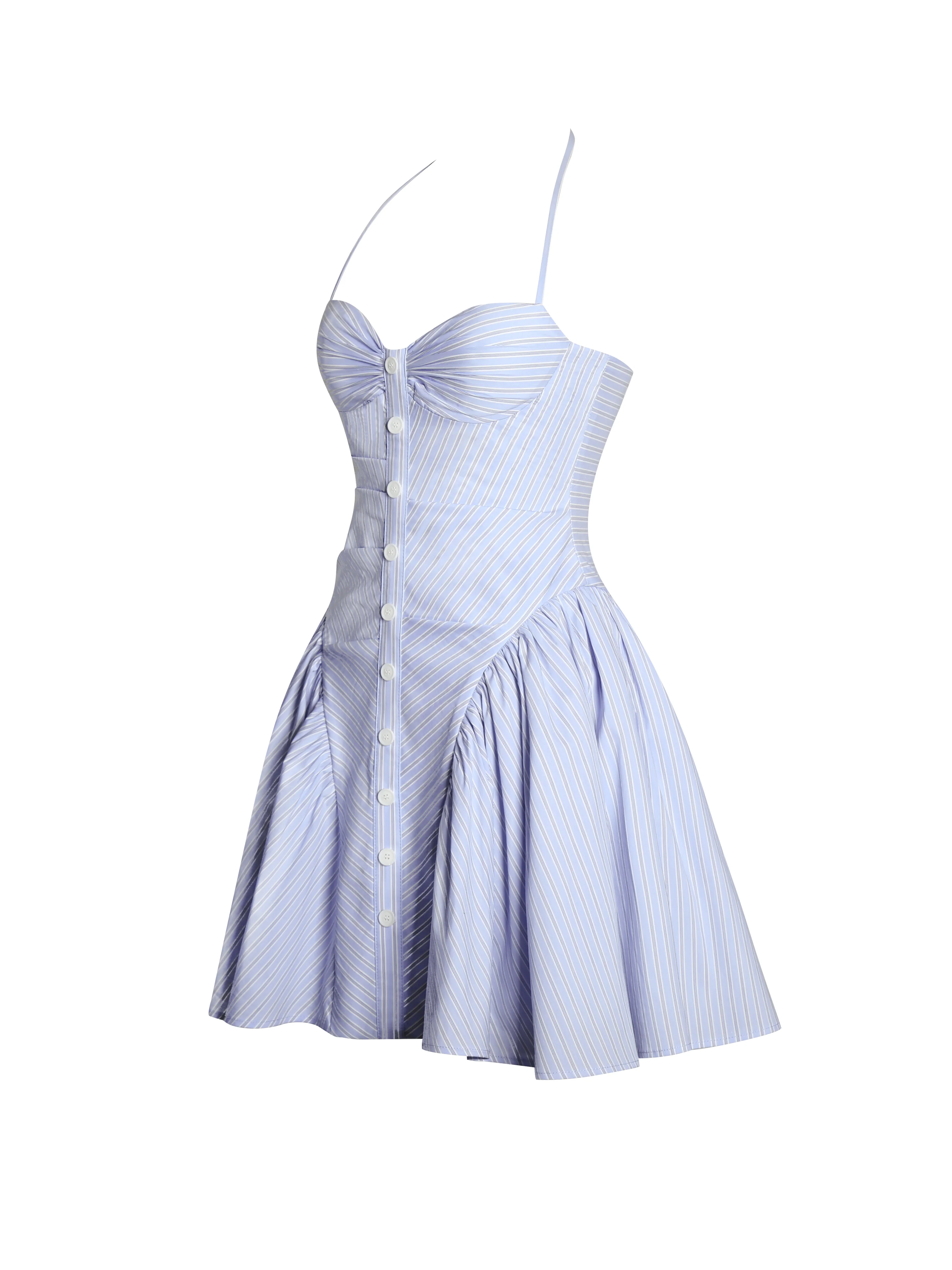 Melody Baby Blue Railroad Stripe Halter Drop Waist Mini Dress